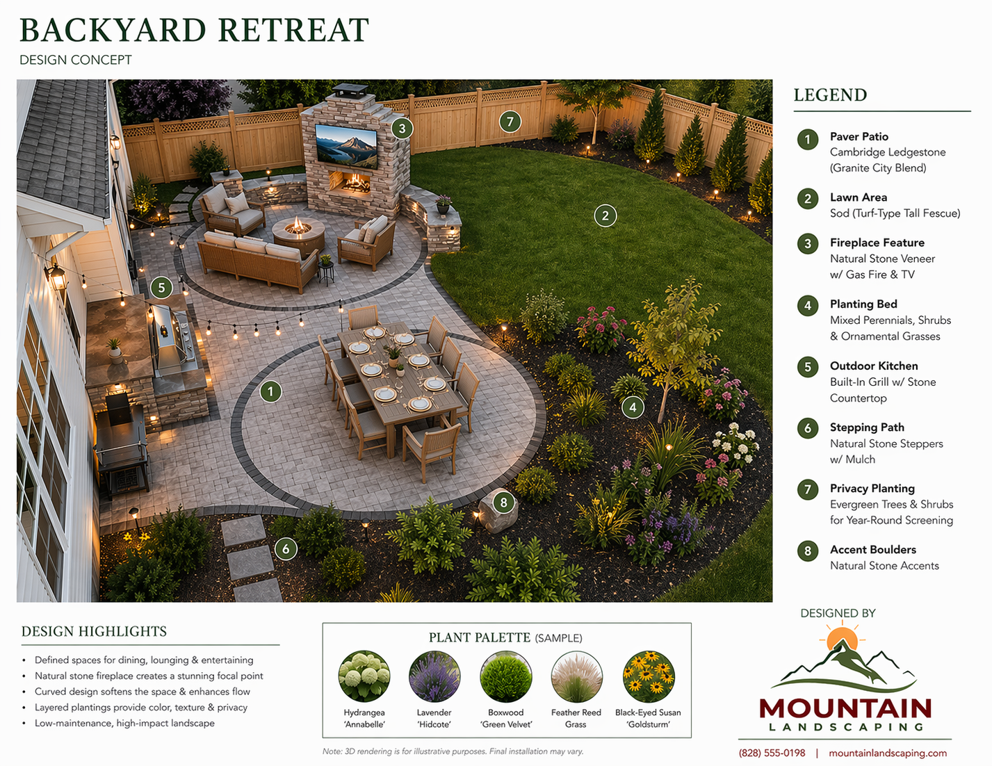 Professional backyard landscape design with patio, outdoor kitchen, fireplace, lawn, and planting beds by Mountain Landscaping in Kansas City