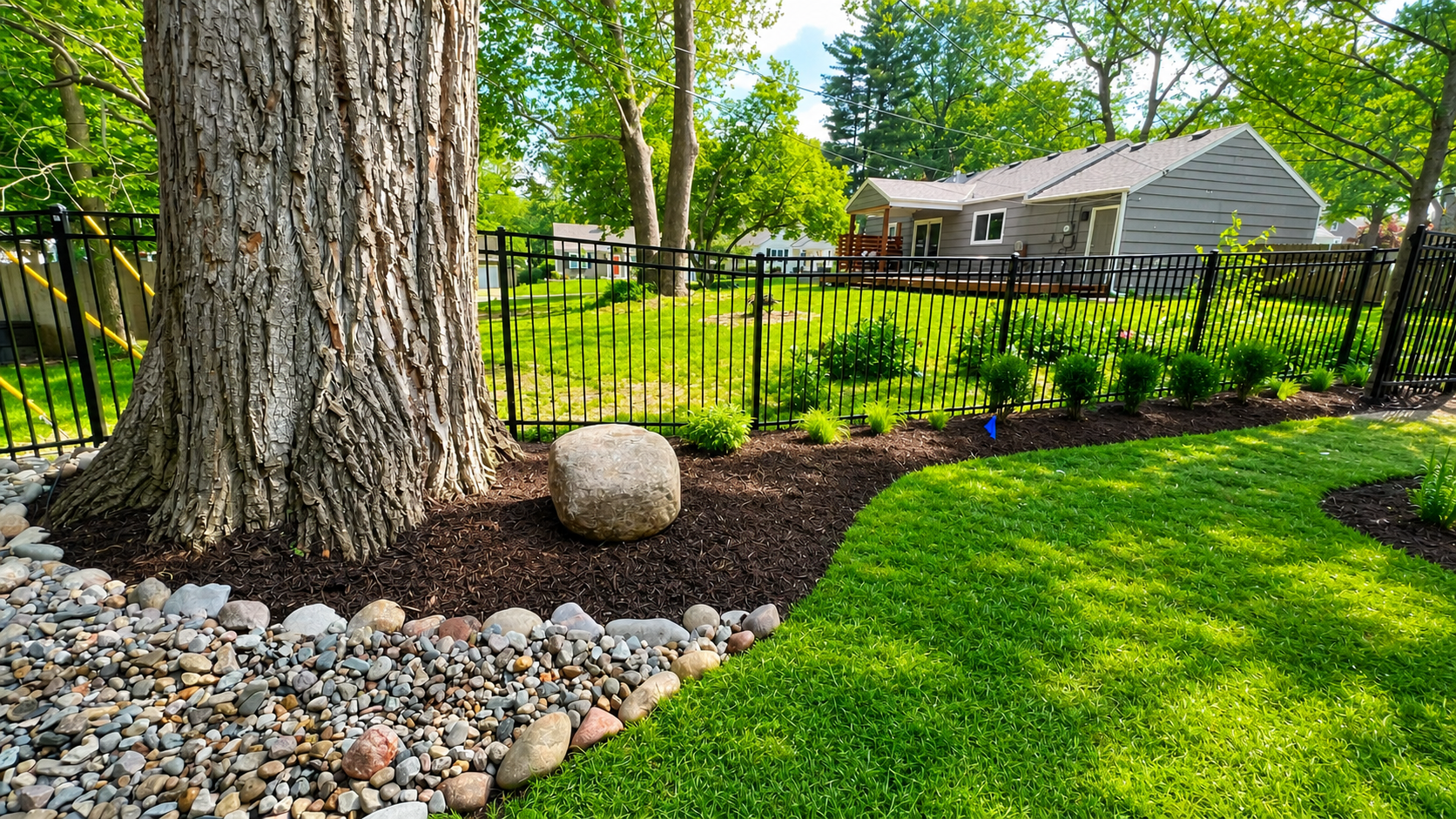 Decorative boulder, river rock, mulch, and plants installed around large backyard trees in a Kansas City residential landscape.