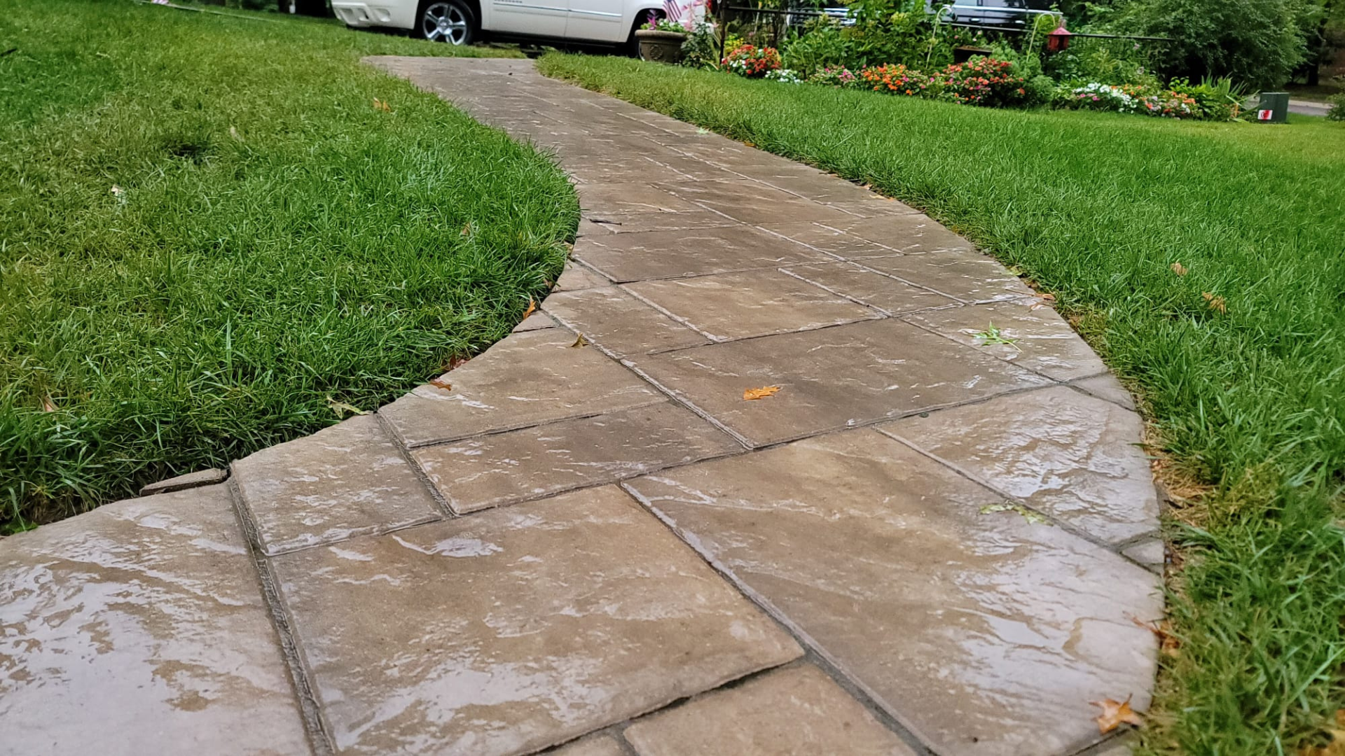 Curved paver walkway surrounded by green grass and front yard landscaping.