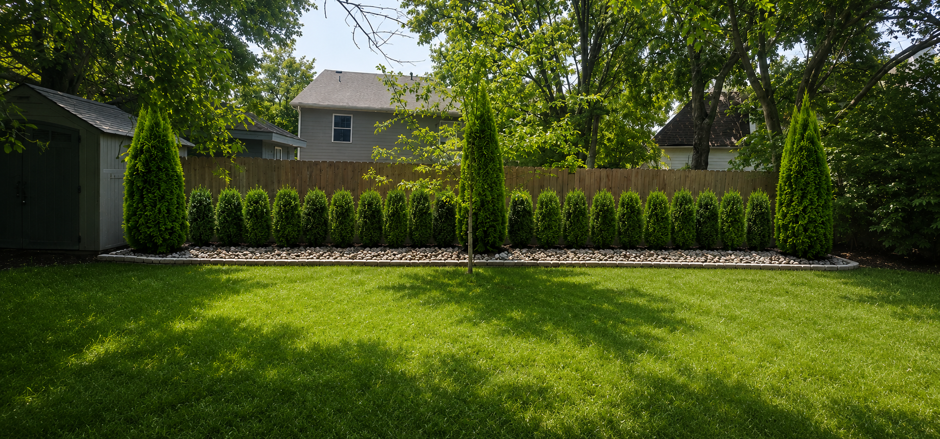 Well-maintained backyard lawn with fence line landscape bed, evergreen shrubs, decorative rock, and clean grass in Leawood Kansas