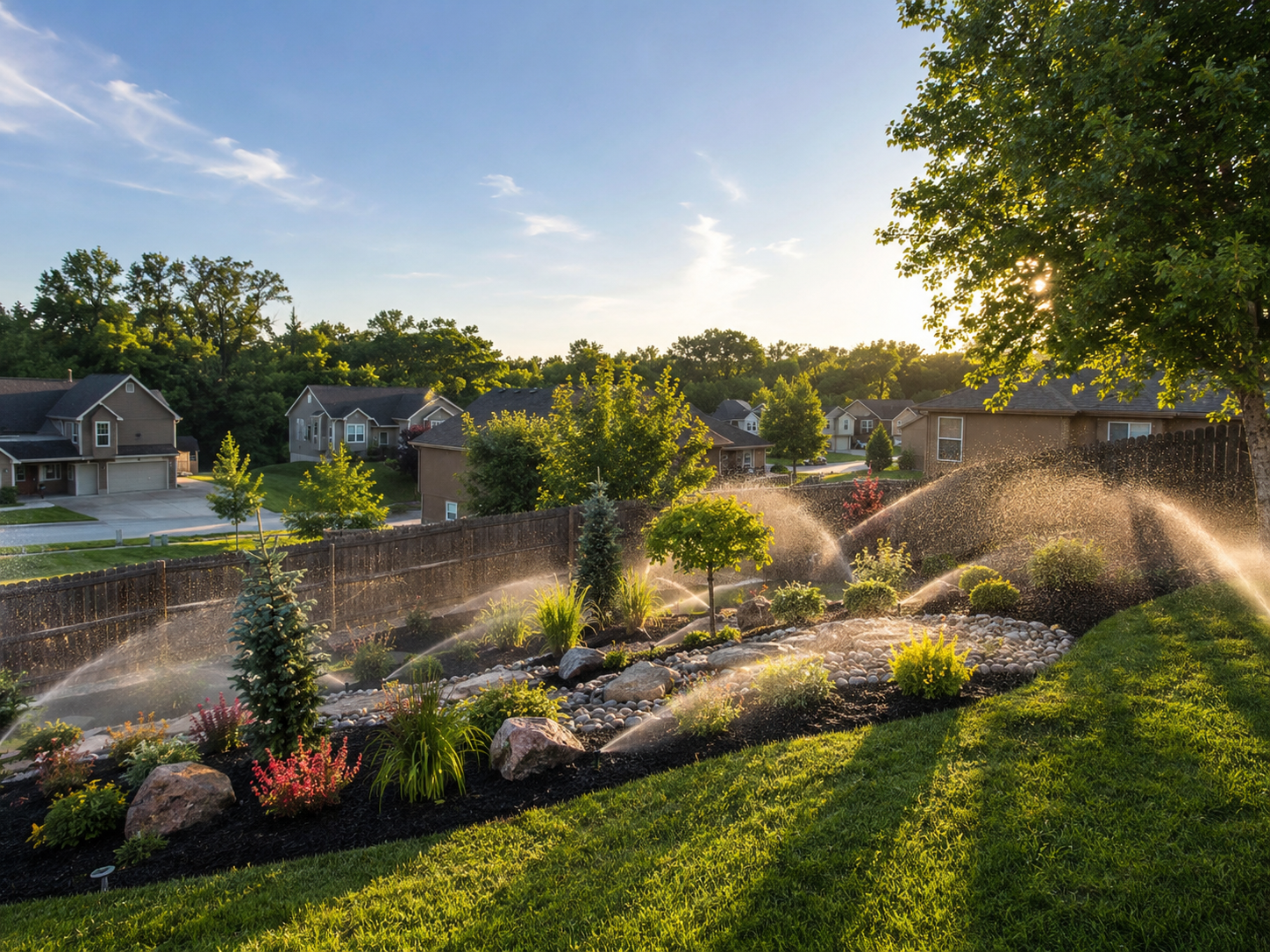 Irrigation system watering landscape beds and green lawn in Lansing Kansas