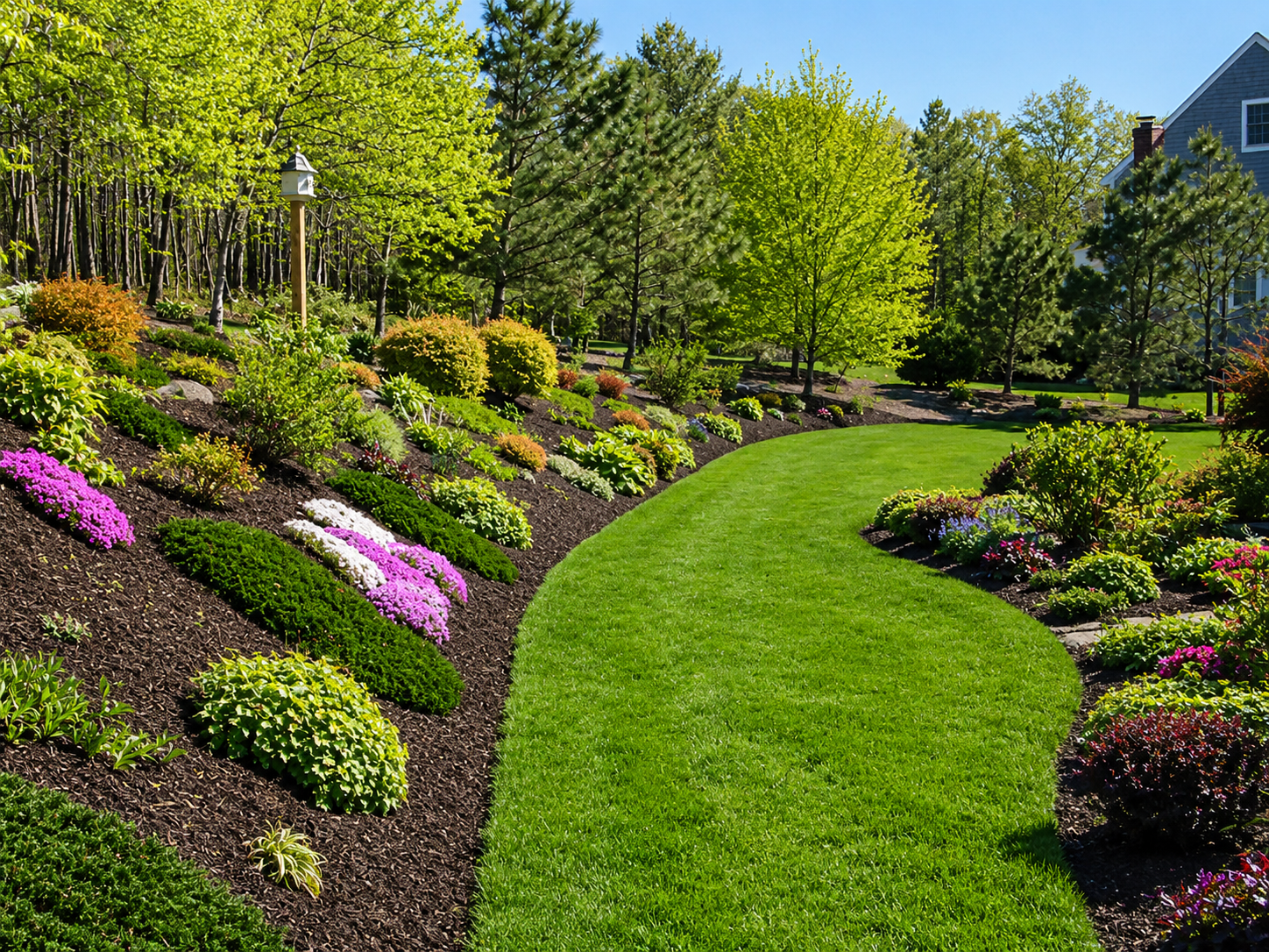 Well maintained landscape with green lawn, curved garden beds, colorful flowers, shrubs, and fresh mulch