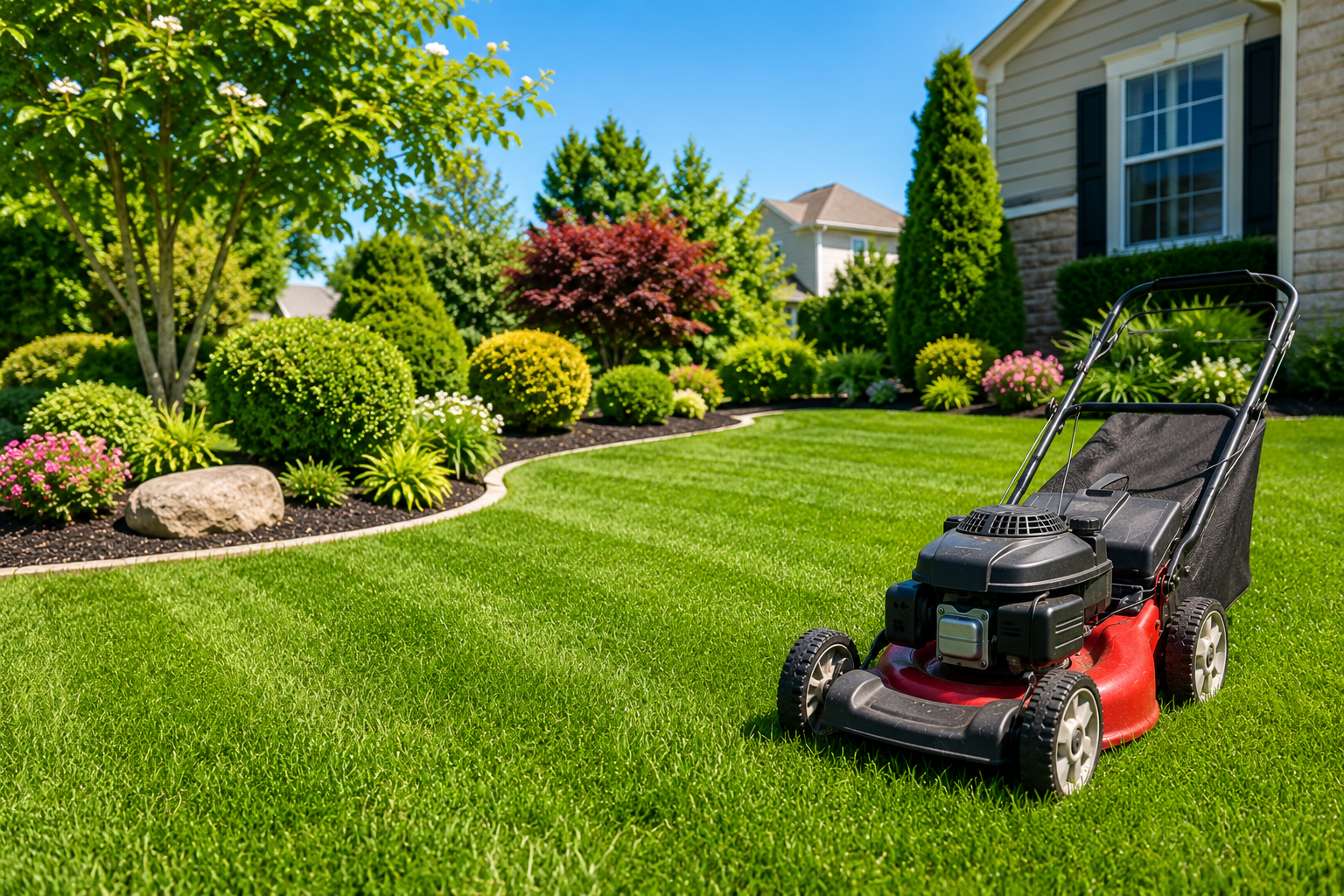 Lawn mower on a healthy green residential lawn as an example of lawn care services