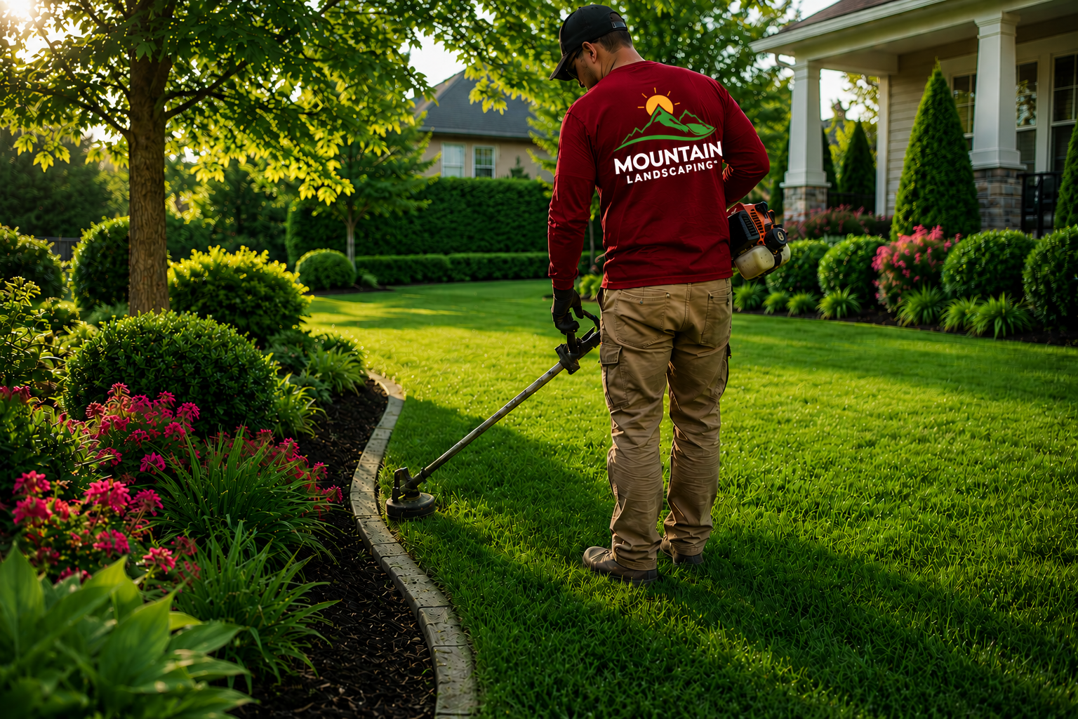 Mountain Landscaping lawn care crew trimming edges