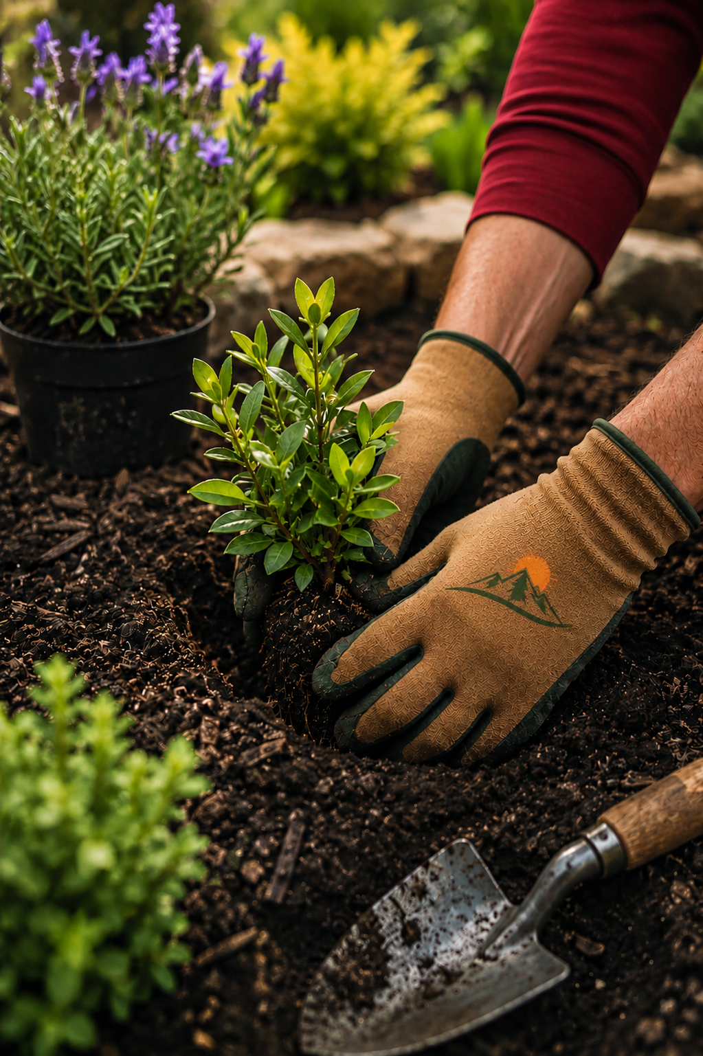 Gloved hands planting a small shrub in a garden bed as an example of landscape care