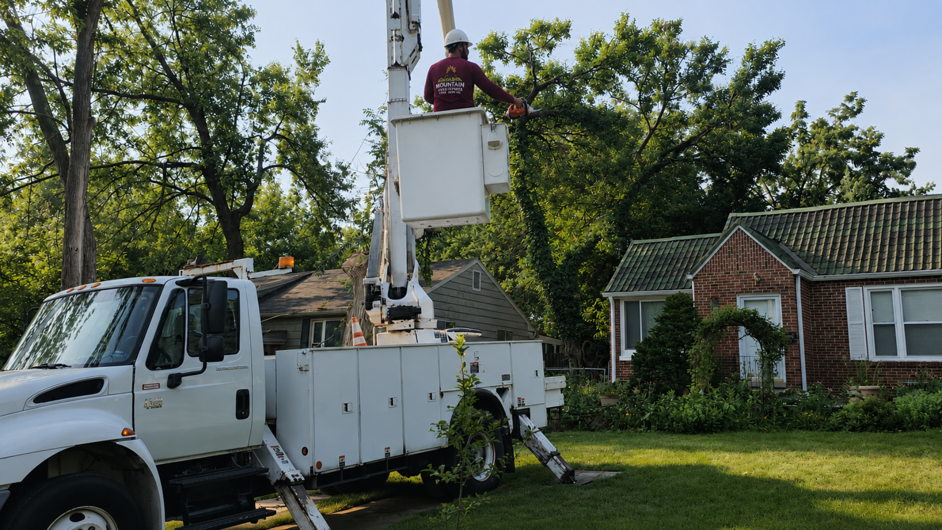 Mountain Landscaping tree service crew member using a bucket truck to prune tree branches at a residential property in Kansas City.