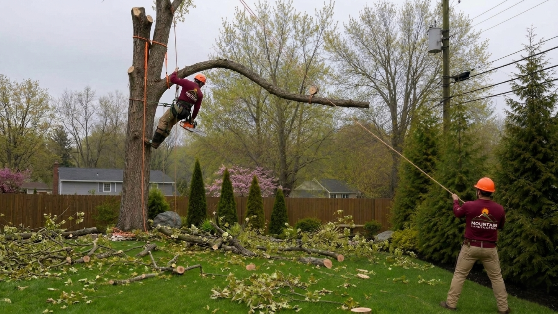 Arborist trimming a large tree with a chainsaw while a ground crew member controls the branch with a rope in a Kansas City backyard.
