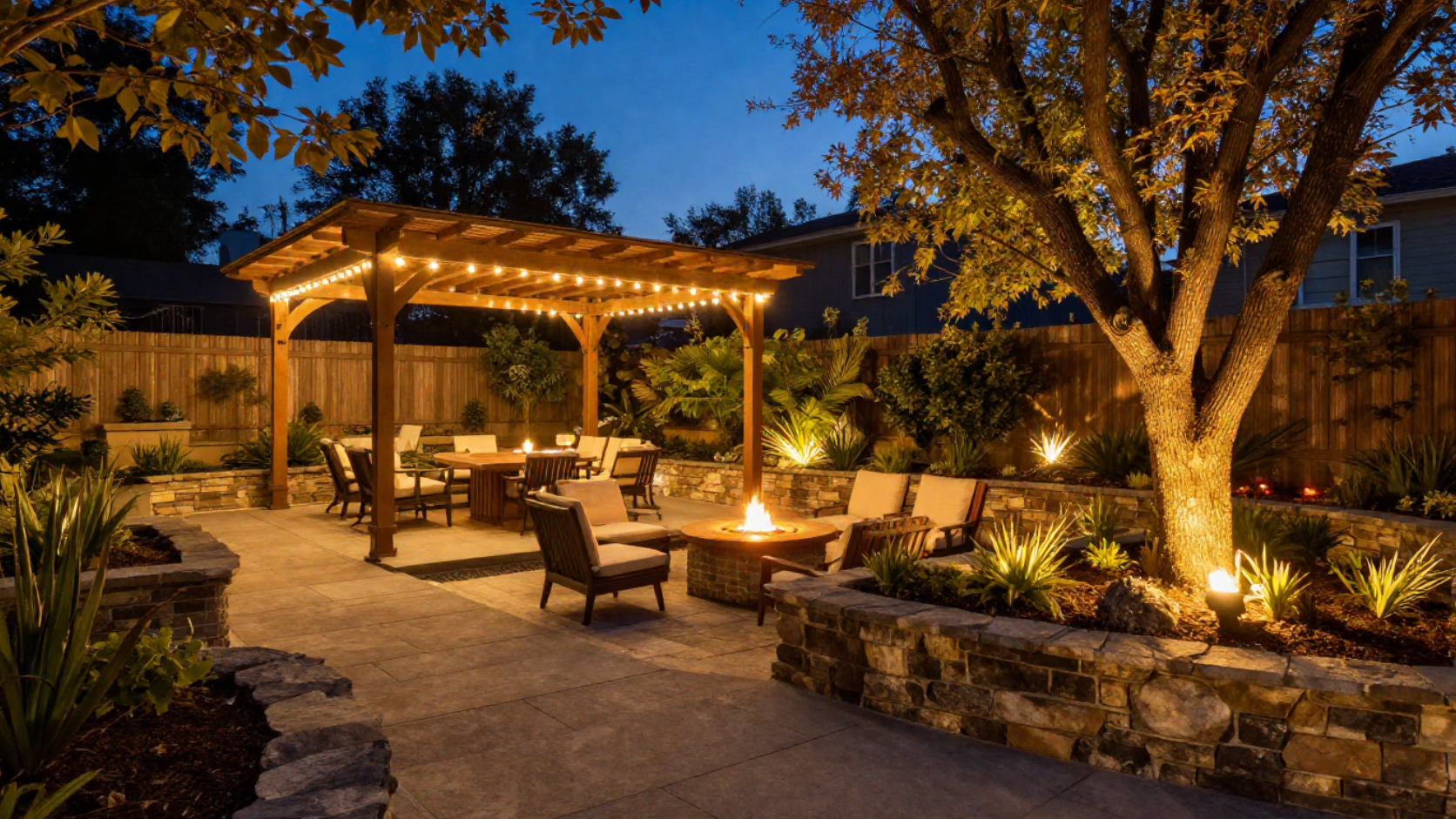 Backyard Transformation with Outdoor Lighting at Dusk Backyard transformation with outdoor lighting illuminating a pergola, patio, fire pit, seating area, retaining walls, trees, and landscape beds at dusk.
