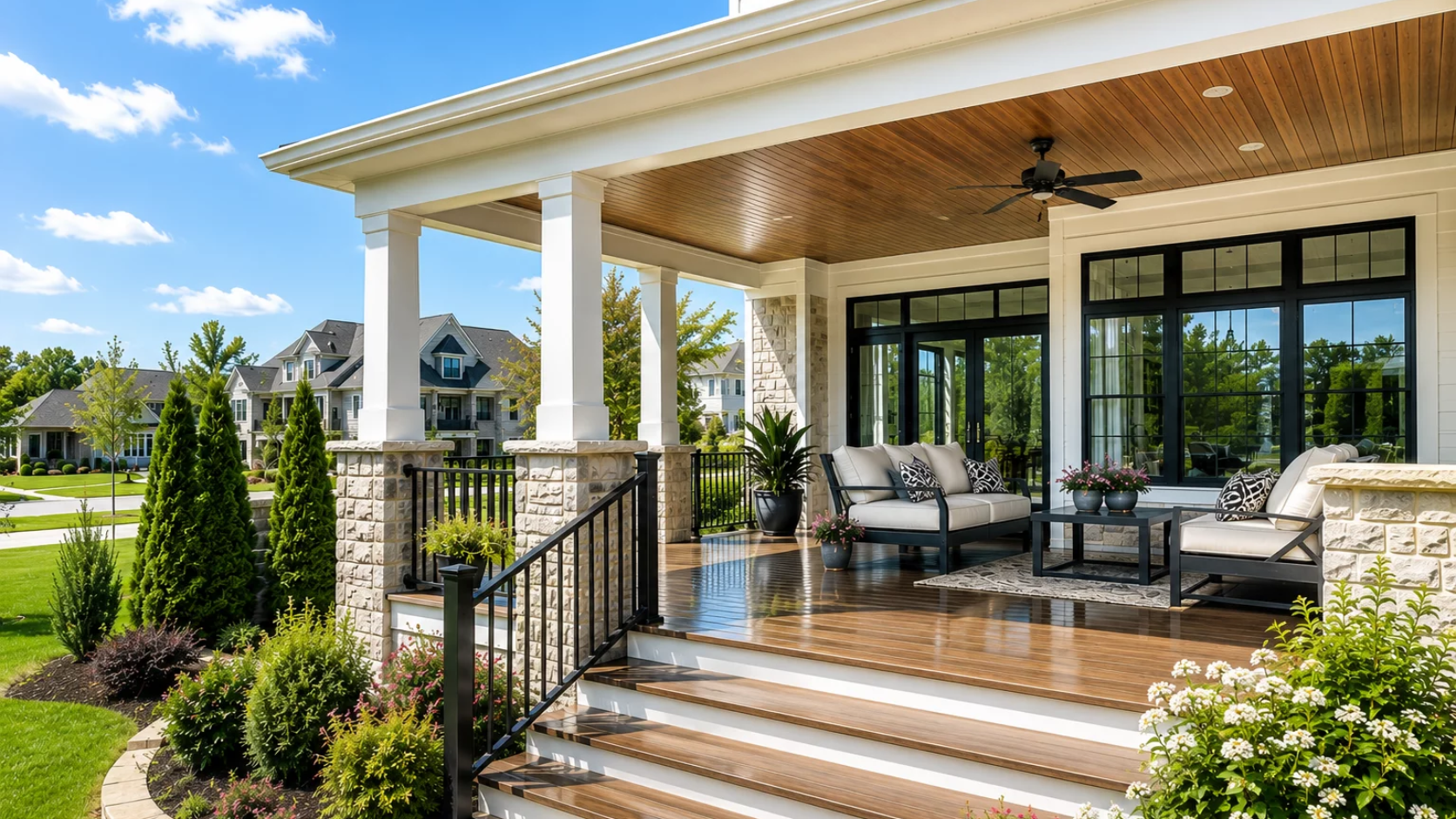 Custom Deck and Covered Porch – Illustrative Example Illustrative example of a custom deck and covered porch with landscaping in a Kansas City neighborhood