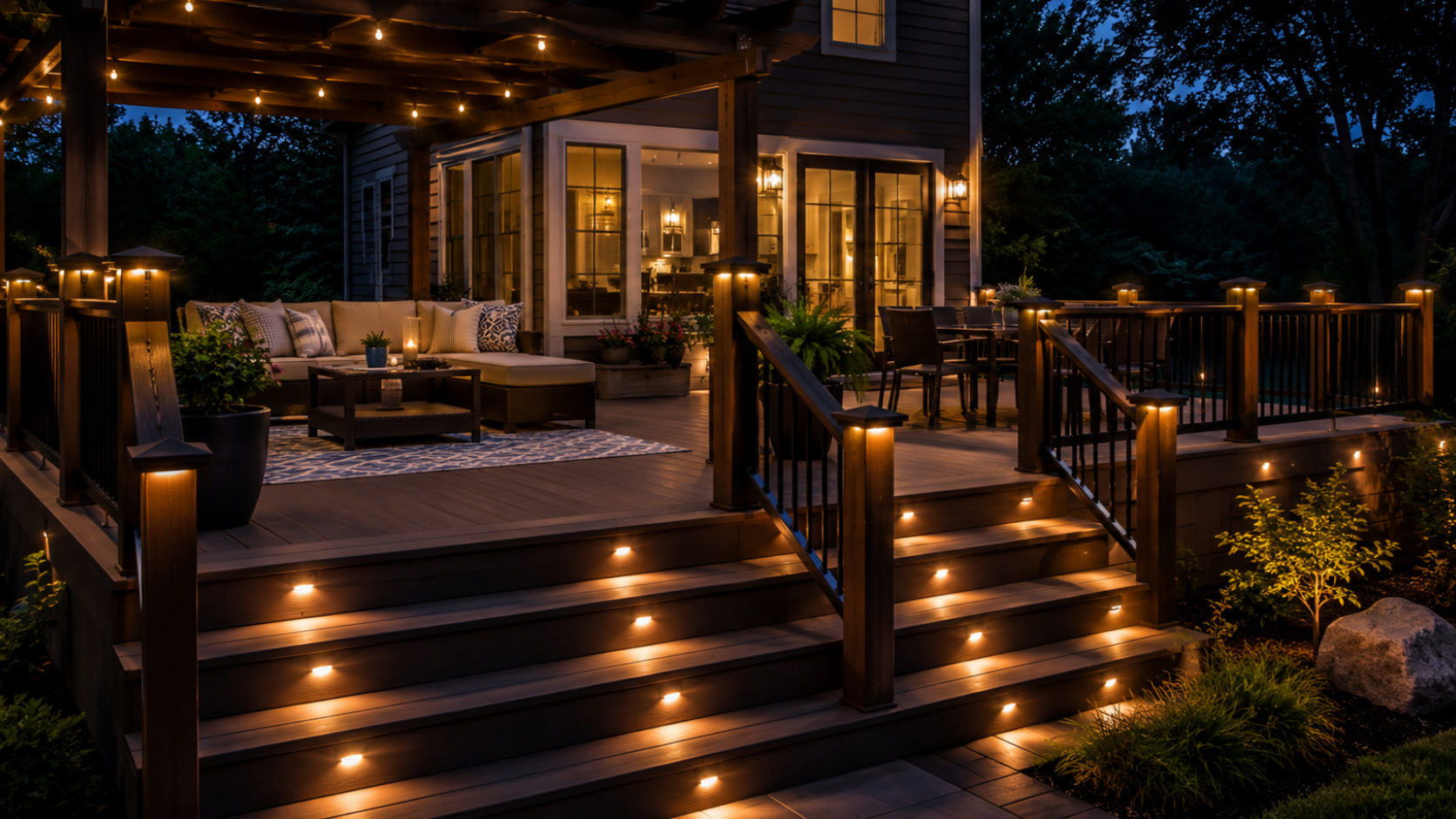 deck-lighting-outdoor-living-space-dusk Deck lighting illuminating stairs, railings, posts, seating areas, and landscape beds at dusk.