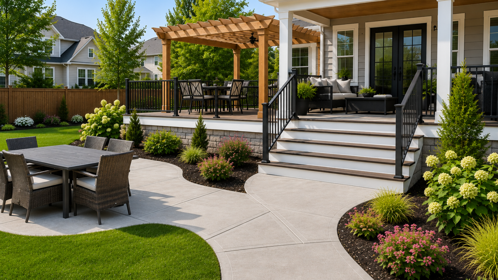 Decks and Porches Connected to Concrete Patio and Walkway Backyard deck and porch connected to a concrete patio and walkway with landscaped garden beds