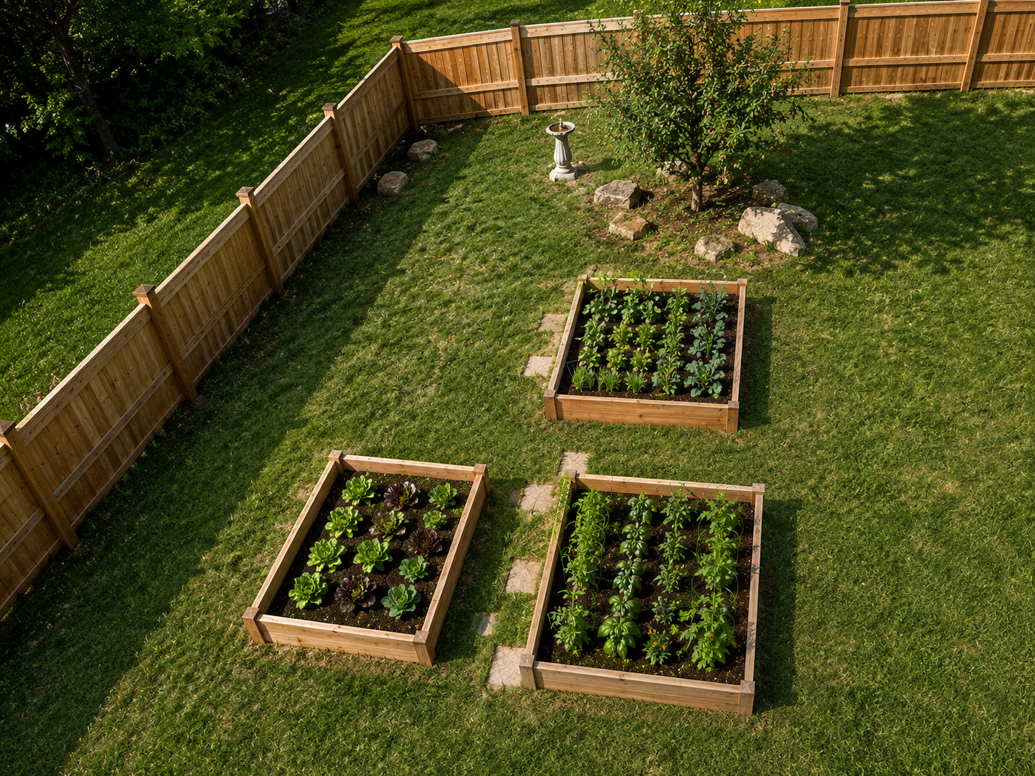 Fence Line Landscape Bed and Lawn Care in Leawood Kansas Well-maintained backyard lawn with fence line landscape bed, evergreen shrubs, decorative rock, and clean grass in Leawood Kansas