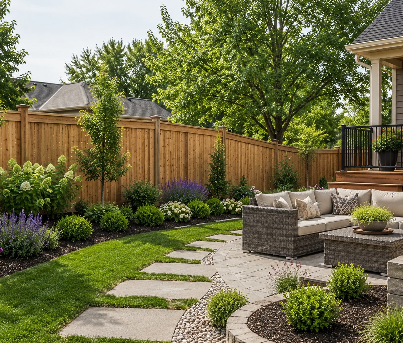 Example of Fence Work Coordinated With Future Outdoor Projects Example of a backyard fence coordinated with a patio, walkway, deck, lawn, and landscape beds.