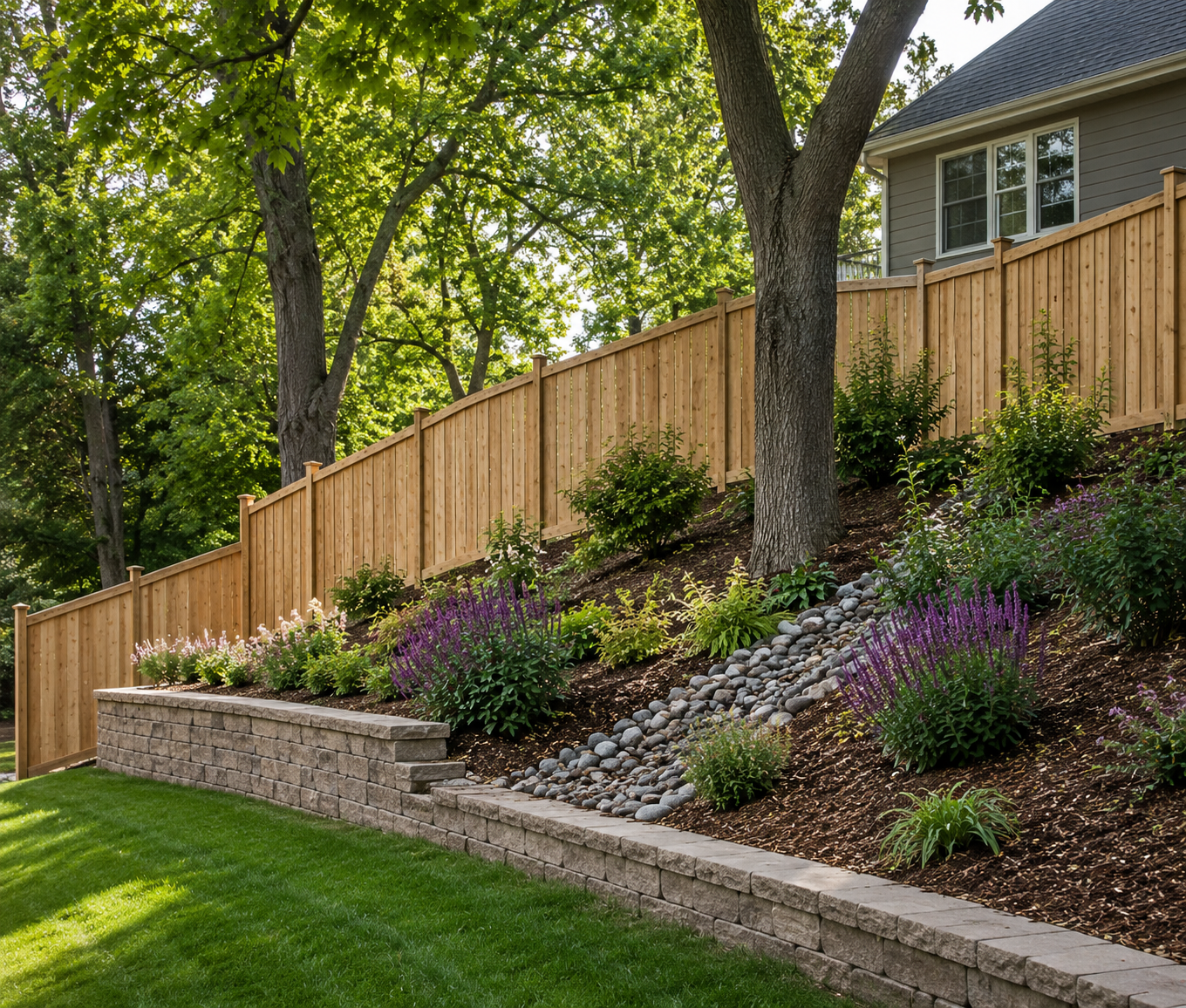 Example of Fence Planning Around Slopes, Trees, and Landscape Features Example of a wood privacy fence planned around a sloped yard with mature trees, garden beds, river rock drainage, and a retaining wall.