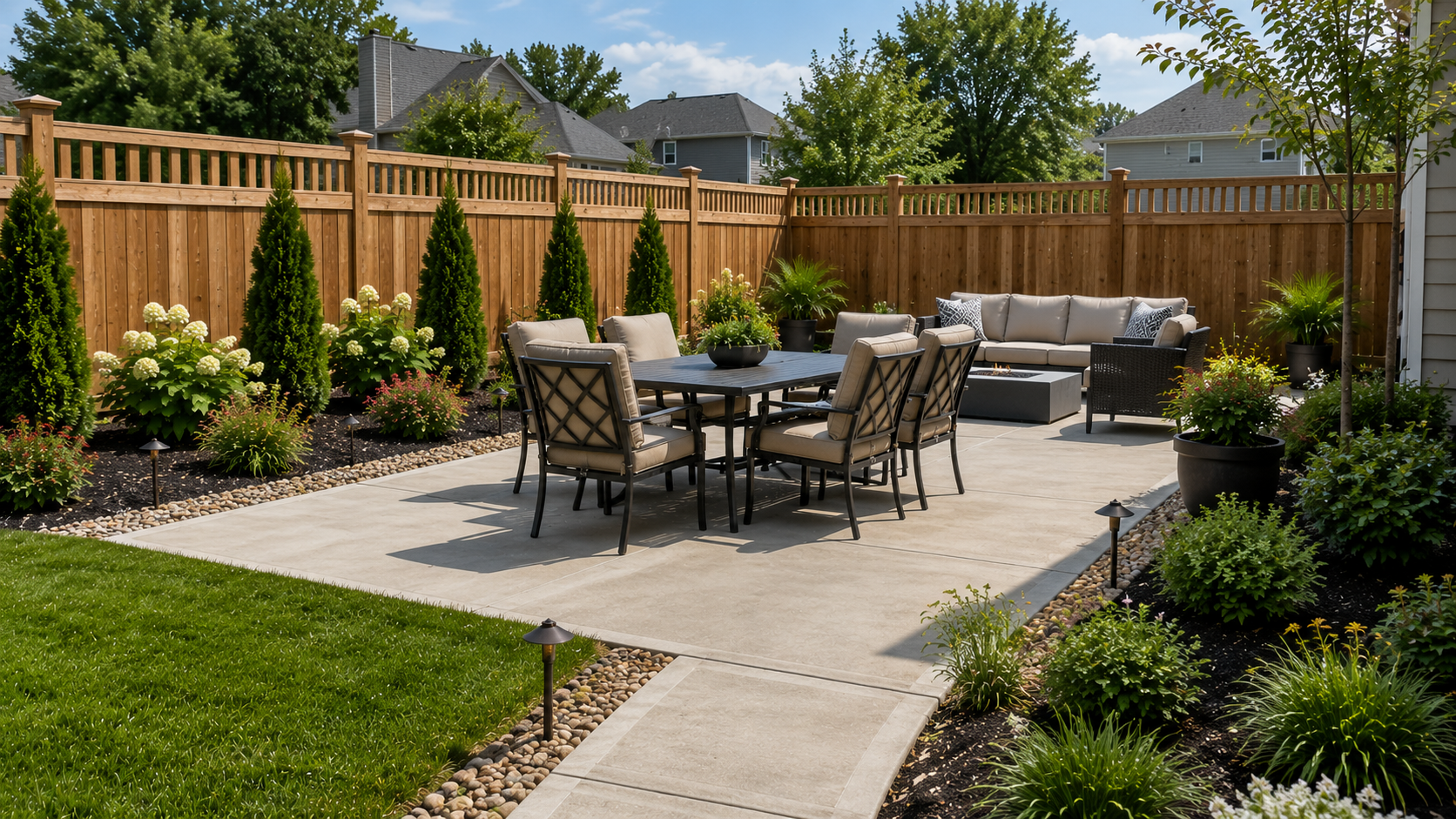 Fencing Around Concrete Patio and Backyard Living Area Backyard concrete patio with wood privacy fence, outdoor seating, garden beds, and landscape accents