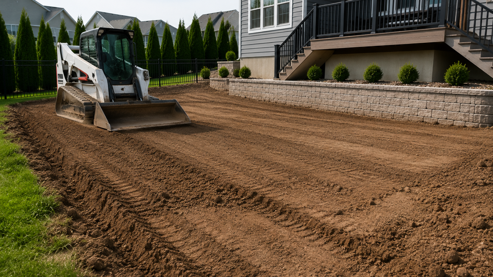 Ground grading for concrete preparation with compact track loader leveling soil in a residential backyard Ground grading for concrete preparation with compact track loader leveling soil in a residential backyard