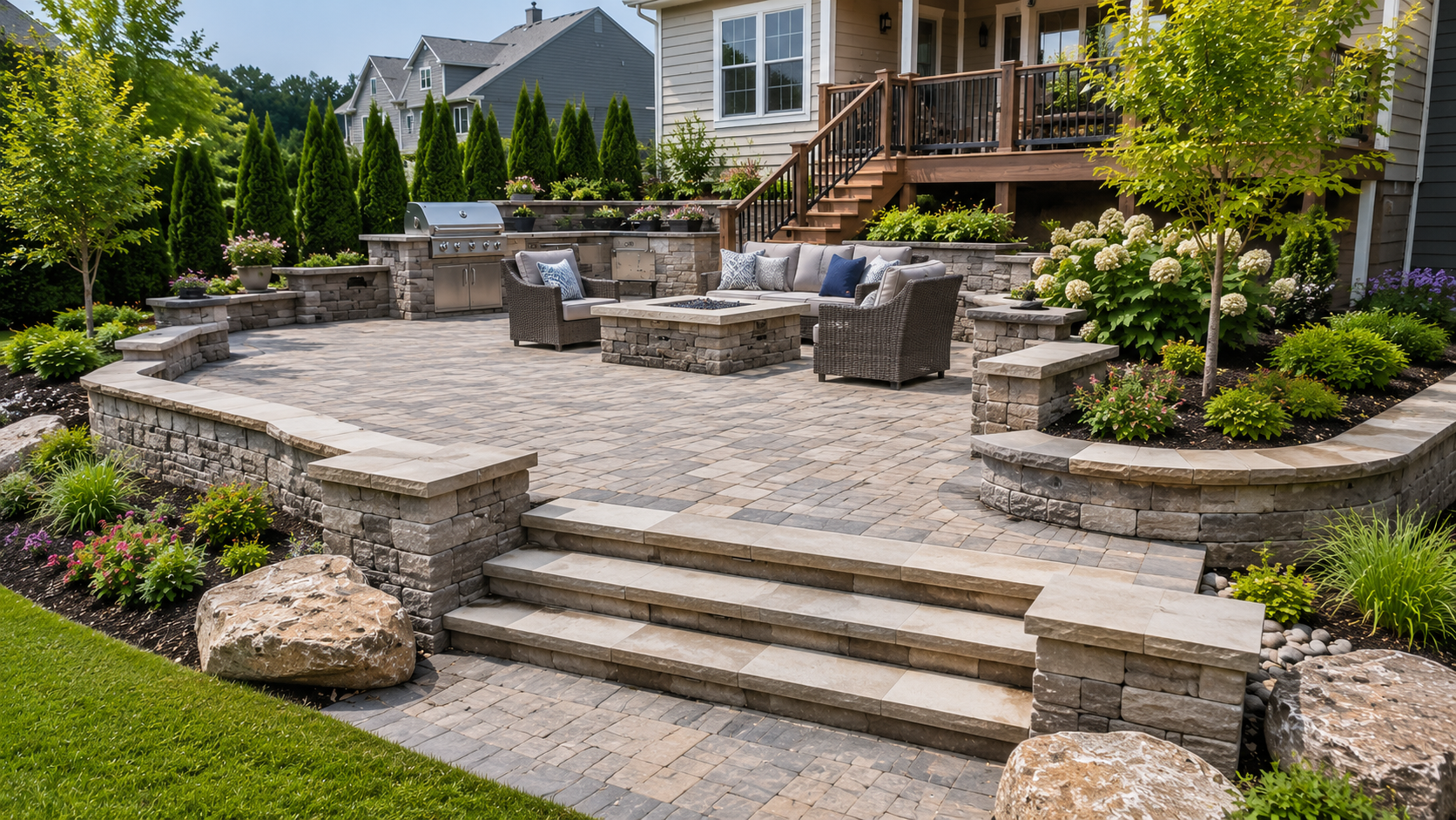 Backyard Hardscaping Patio with Retaining Walls and Steps Backyard hardscaping patio with retaining walls, stone steps, seating area, outdoor kitchen, and landscape beds