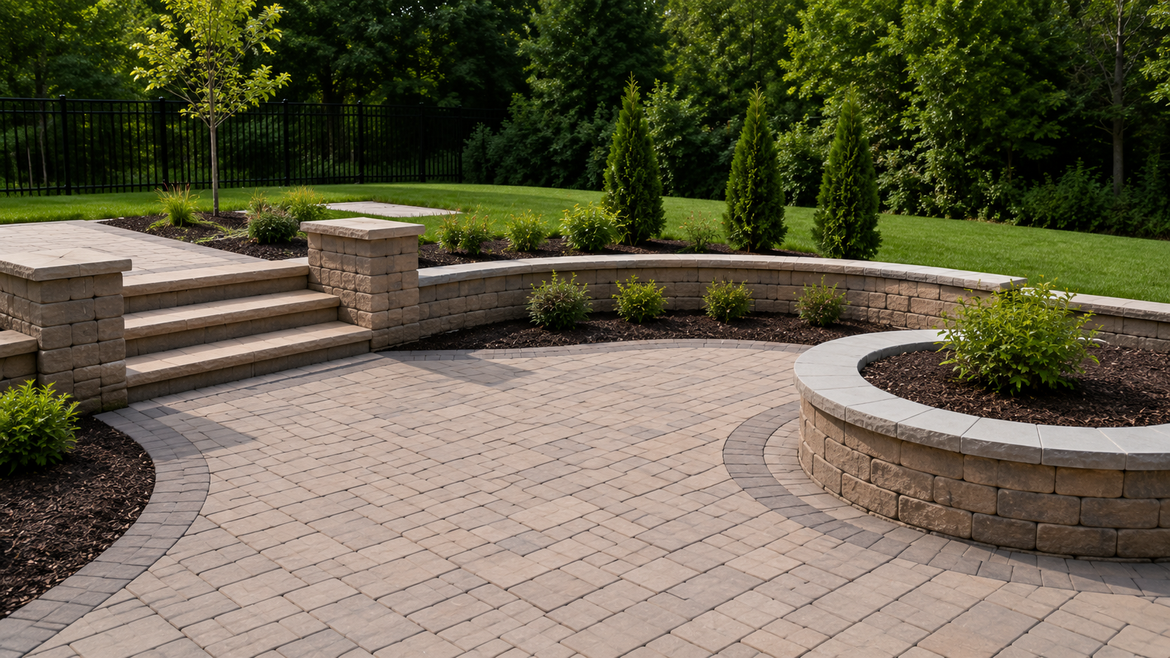 Hardscaping Patio and Retaining Wall – Illustrative Example Illustrative example of a hardscaping patio with pavers, stone steps, retaining wall, and landscaped backyard