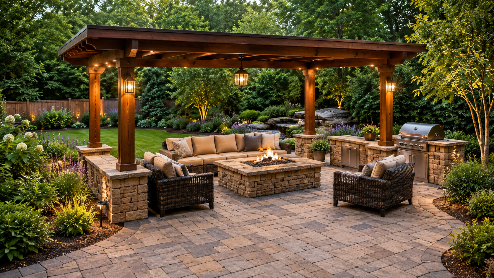 Covered pergola with paver patio, fire pit seating area, outdoor furniture, and backyard landscaping in Kansas City example
