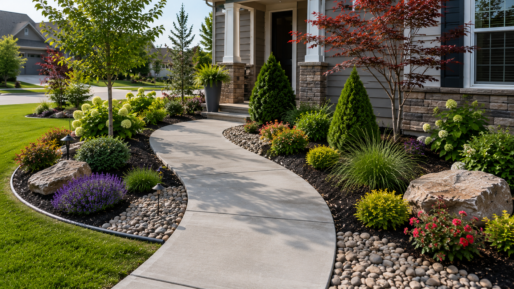Landscape Installation with Concrete Walkway and Garden Beds Concrete walkway with landscape installation, shrubs, trees, decorative rock, garden beds, edging, and boulders