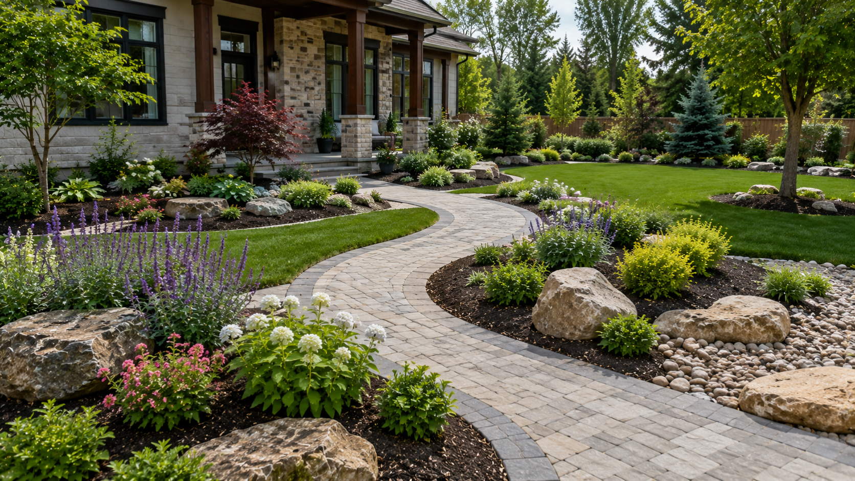 Landscape installation with curved walkway, planting beds, boulders, decorative rock, lawn, and front yard landscaping example