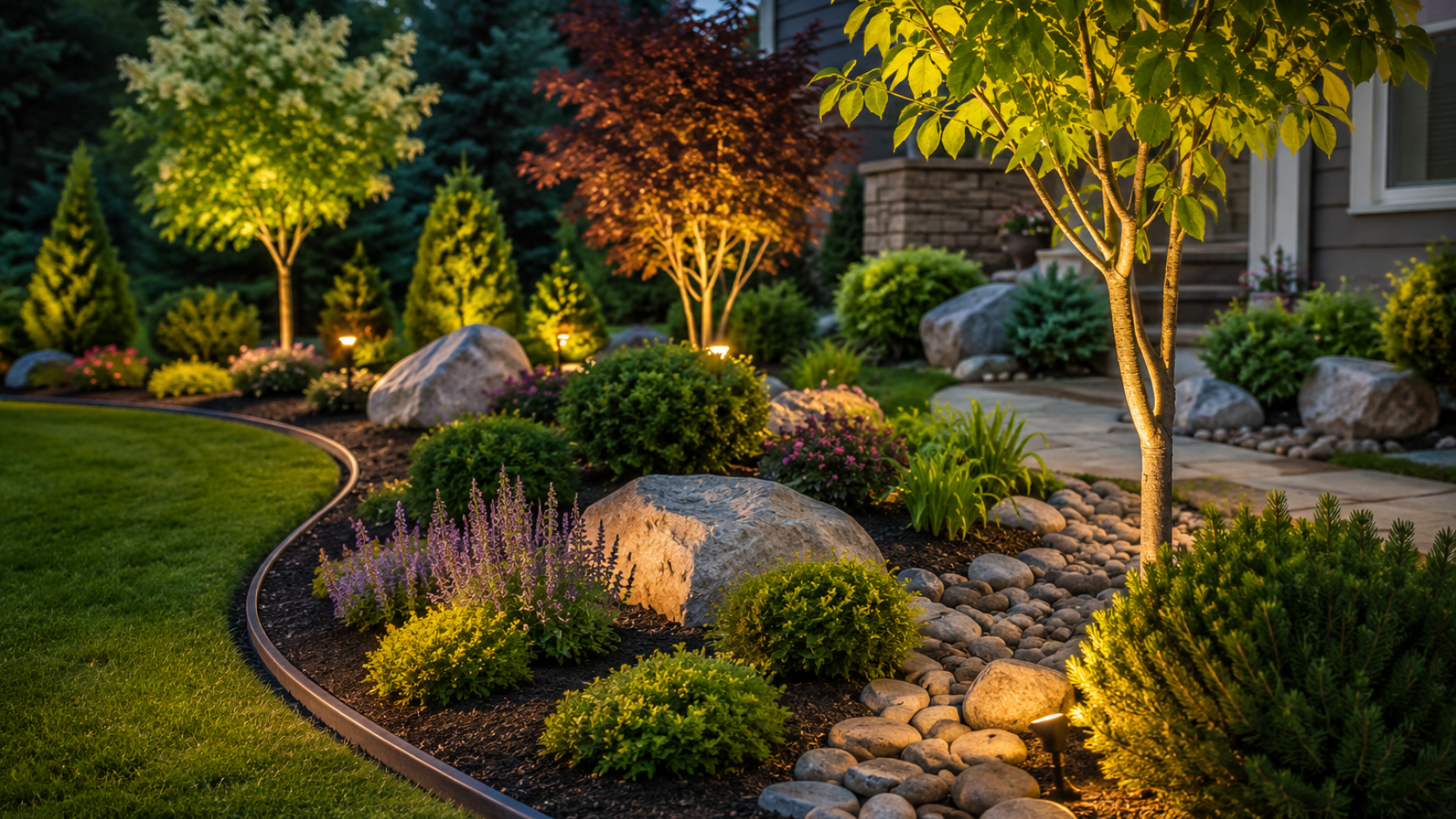 Landscape Installation Example with Trees, Shrubs, and Decorative Rock Landscape installation example with new trees, shrubs, planting beds, decorative rock, garden borders, and accent lighting.