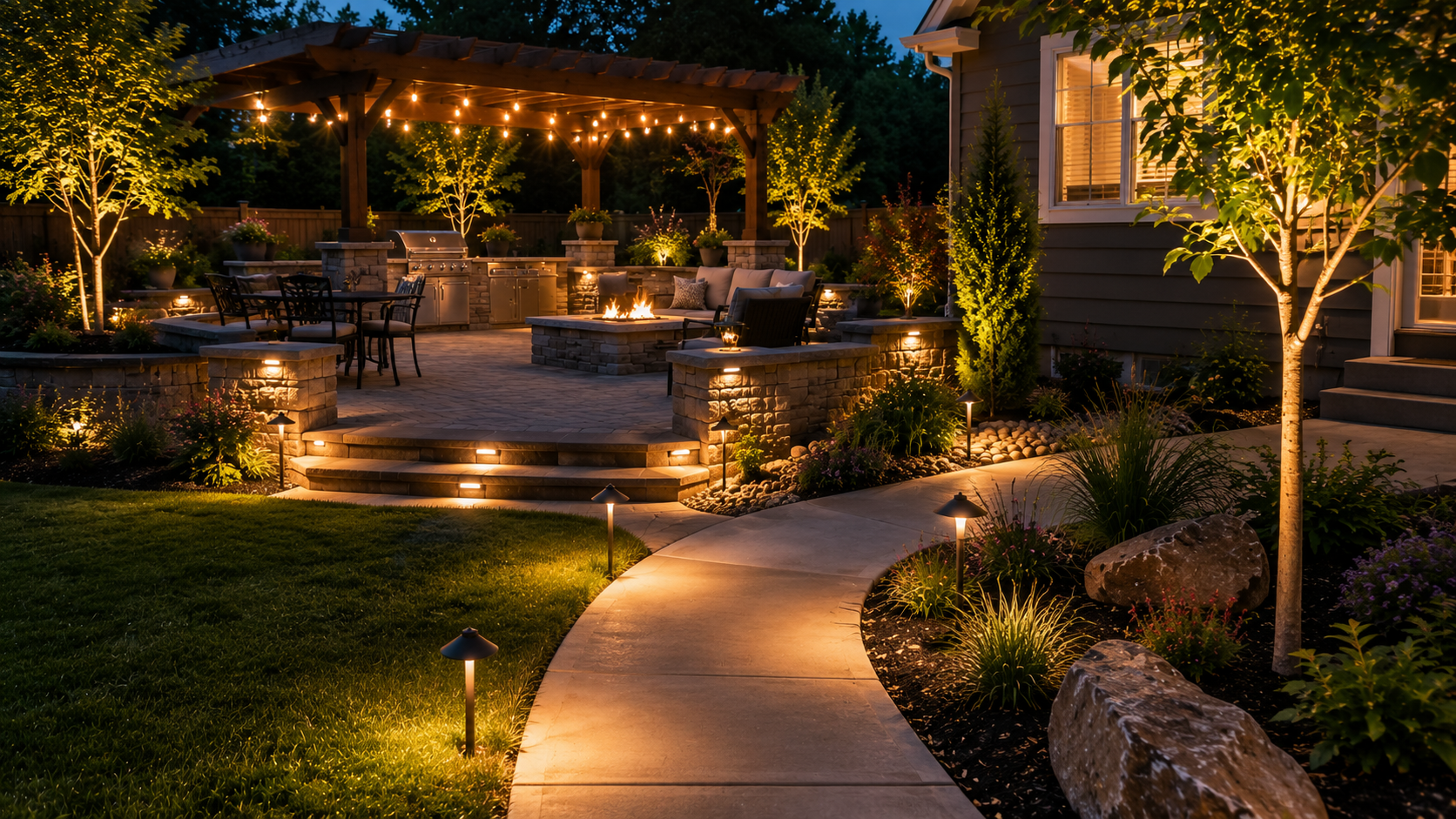 Outdoor Lighting Around Concrete Walkway and Patio Outdoor lighting around concrete walkway, patio steps, landscape beds, and backyard outdoor living area