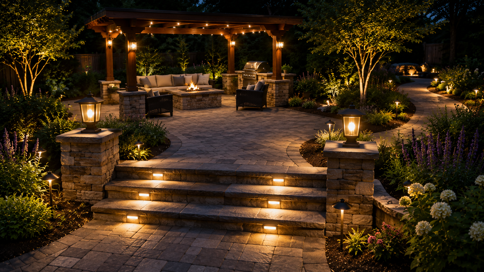 Outdoor lighting around patio steps, seating area, pergola, pathways, and landscaped backyard example