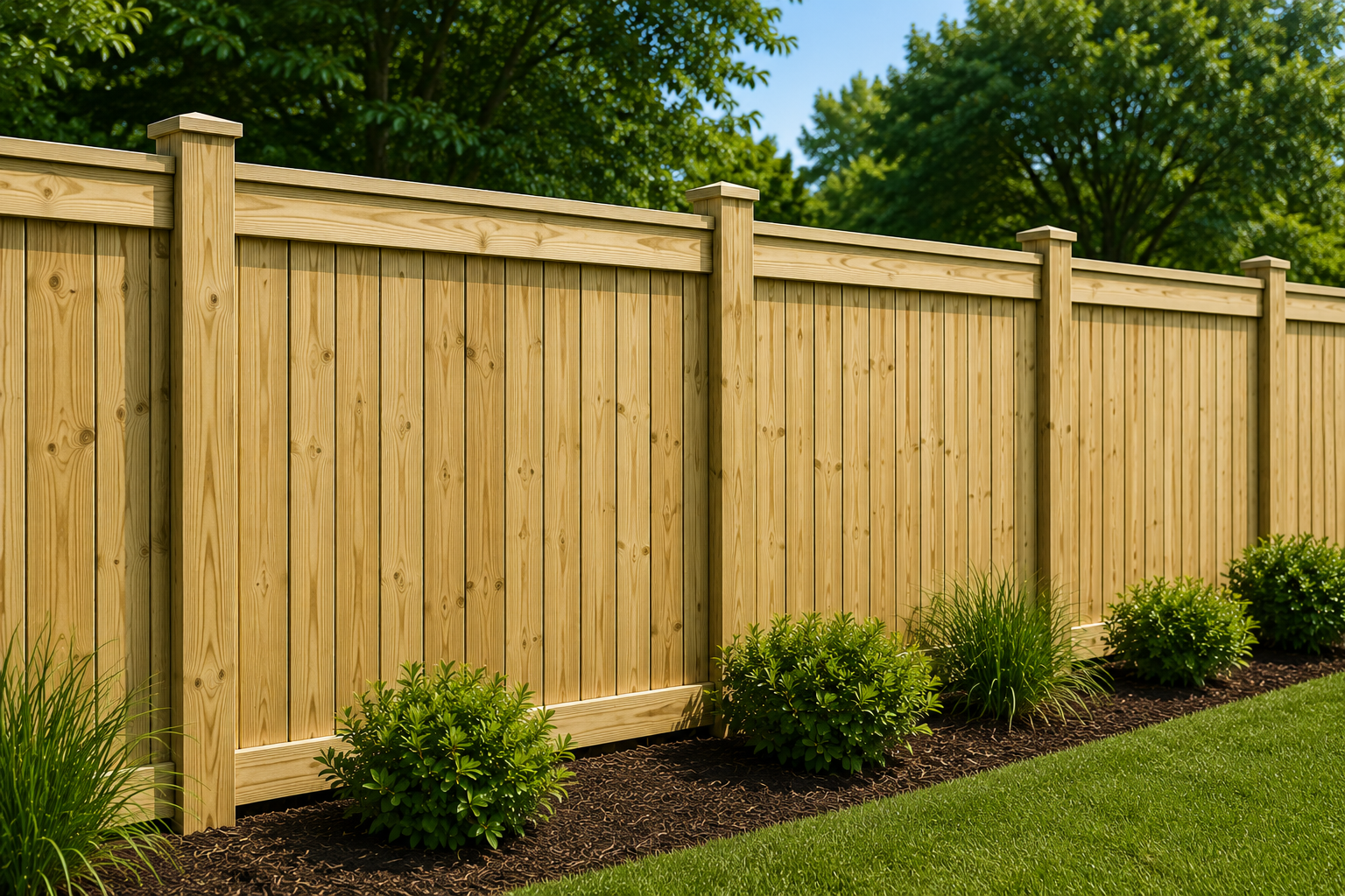 Pressure-Treated Wood Fencing – Illustrative Example Illustrative example of pressure-treated wood privacy fencing with landscaped backyard and lawn