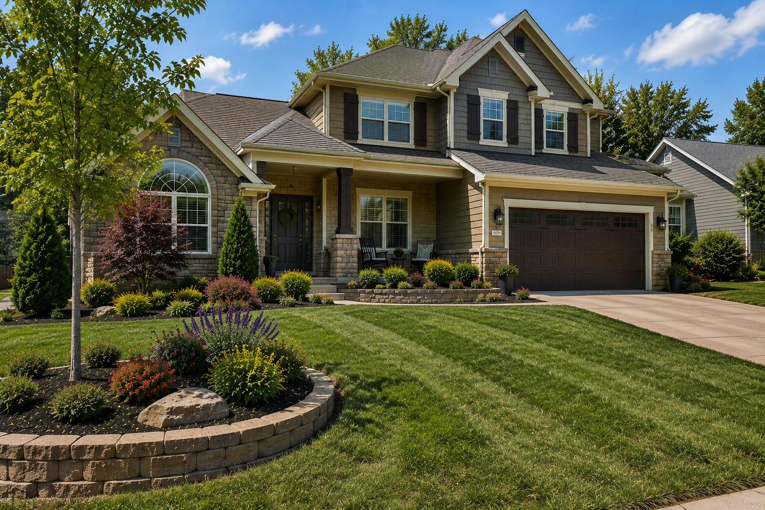 Landscaping services for a two-story residential front yard in Belton, MO by Mountain Landscaping