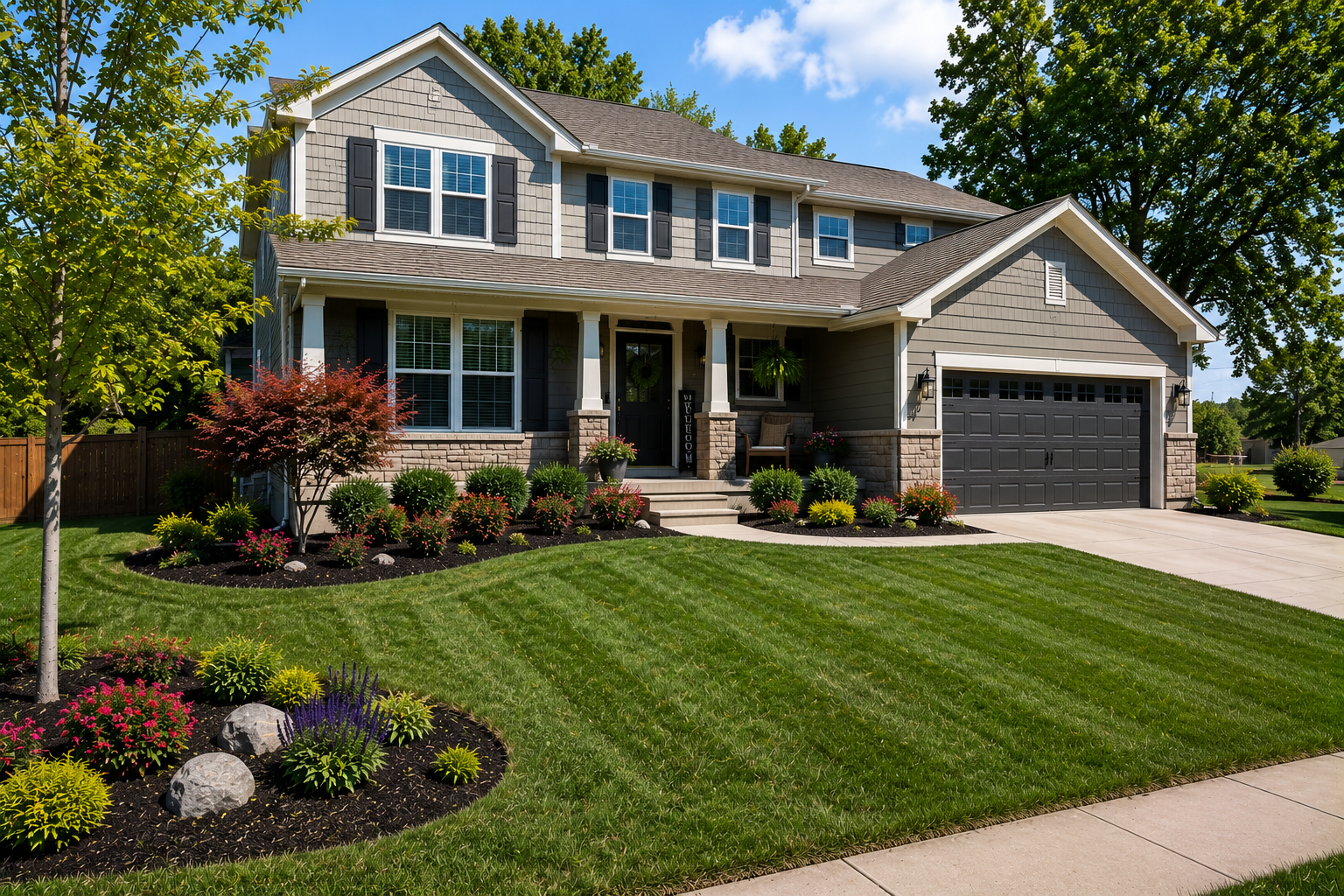 Bonner Springs KS Landscaping Services Landscaping services for a two-story residential front yard in Bonner Springs, KS by Mountain Landscaping