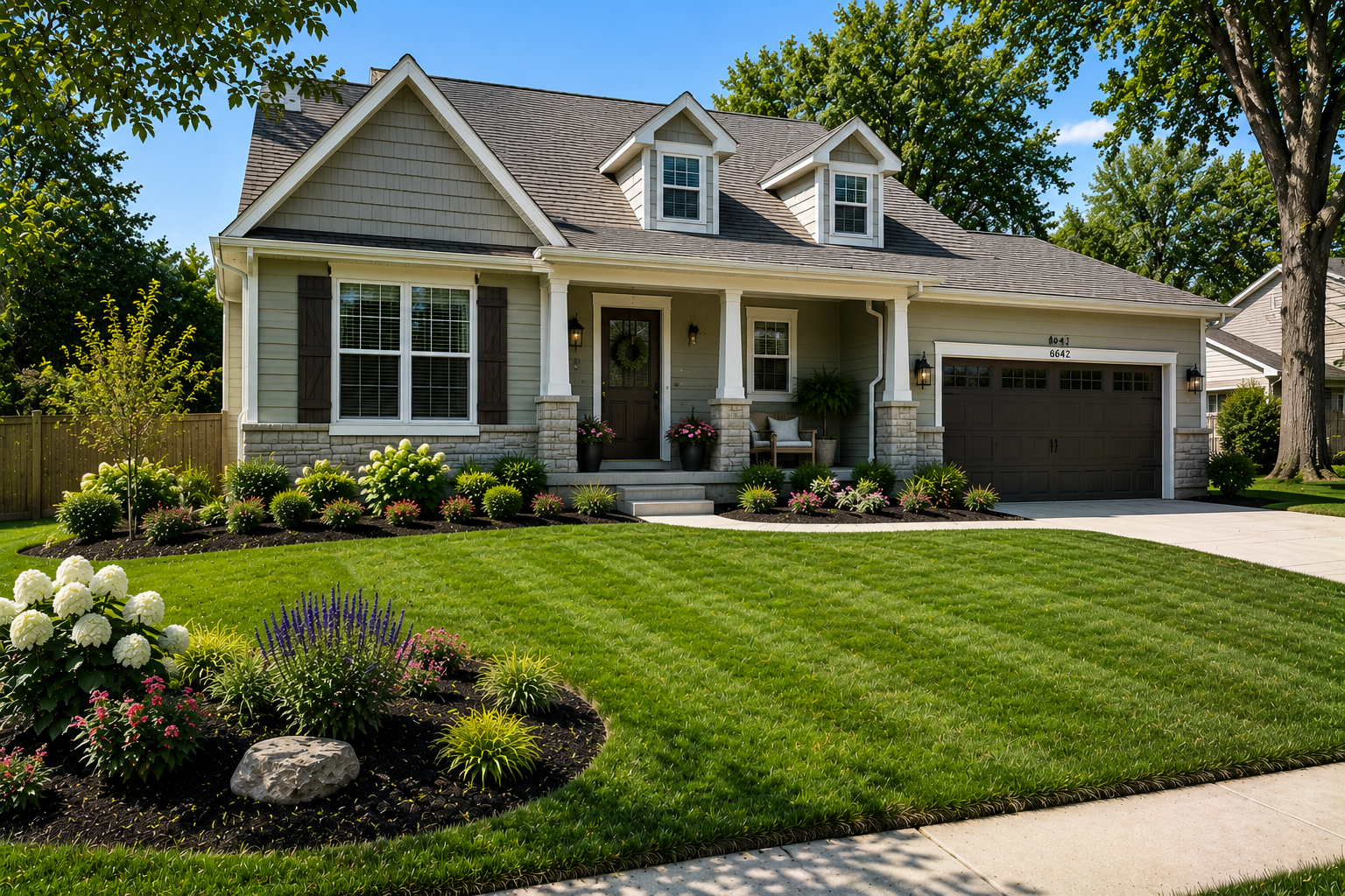 Landscaping services for a residential front yard in Edwardsville, KS by Mountain Landscaping