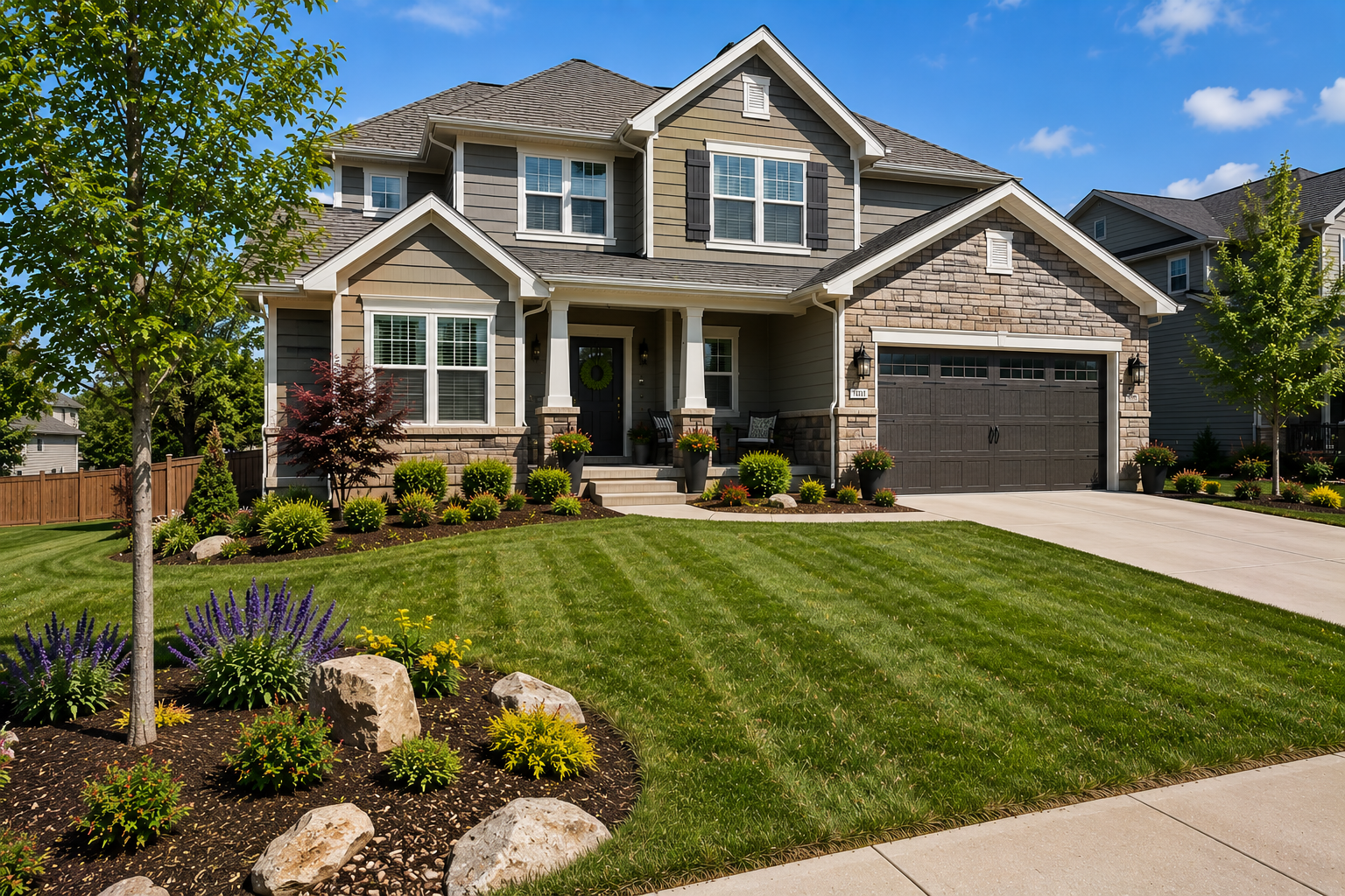 Landscaping services for a two-story residential front yard in Gardner, KS by Mountain Landscaping