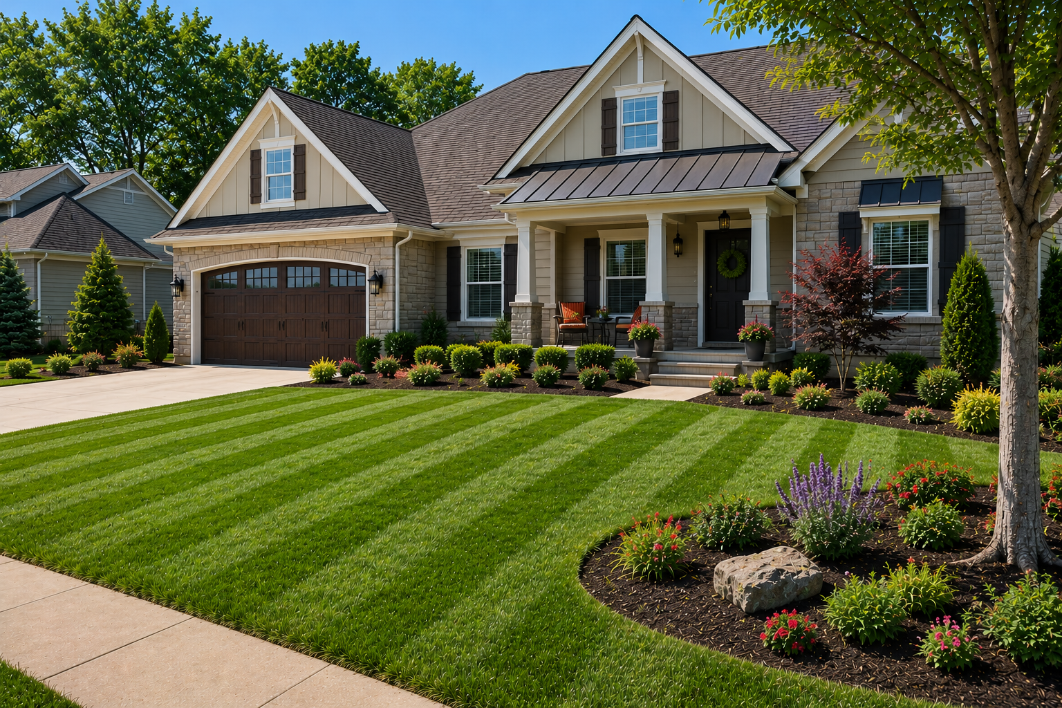 Landscaping services for a residential front yard with lawn stripes in Gladstone, MO by Mountain Landscaping
