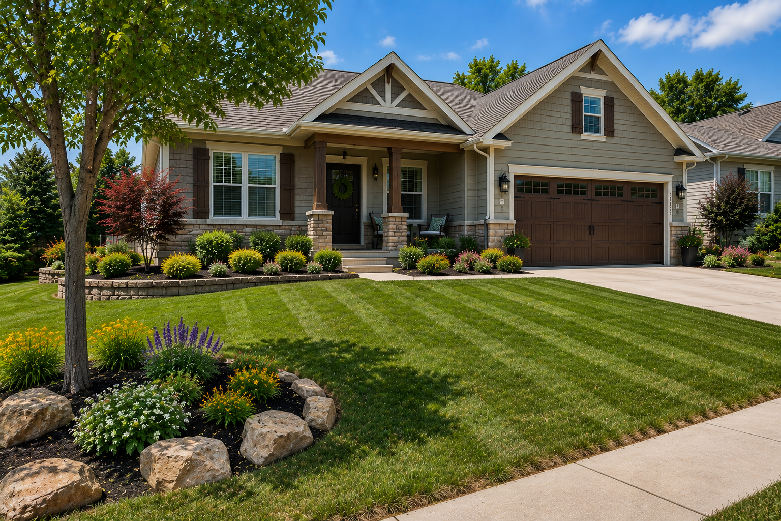 Landscaping services for a residential front yard with lawn stripes in Grandview, MO by Mountain Landscaping