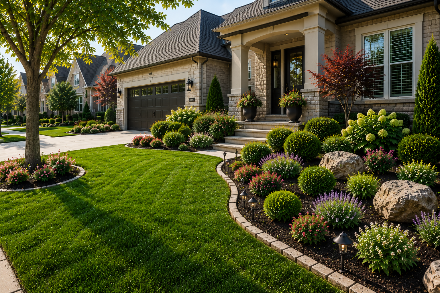 Landscaping services for a luxury residential front yard in Leawood, KS by Mountain Landscaping