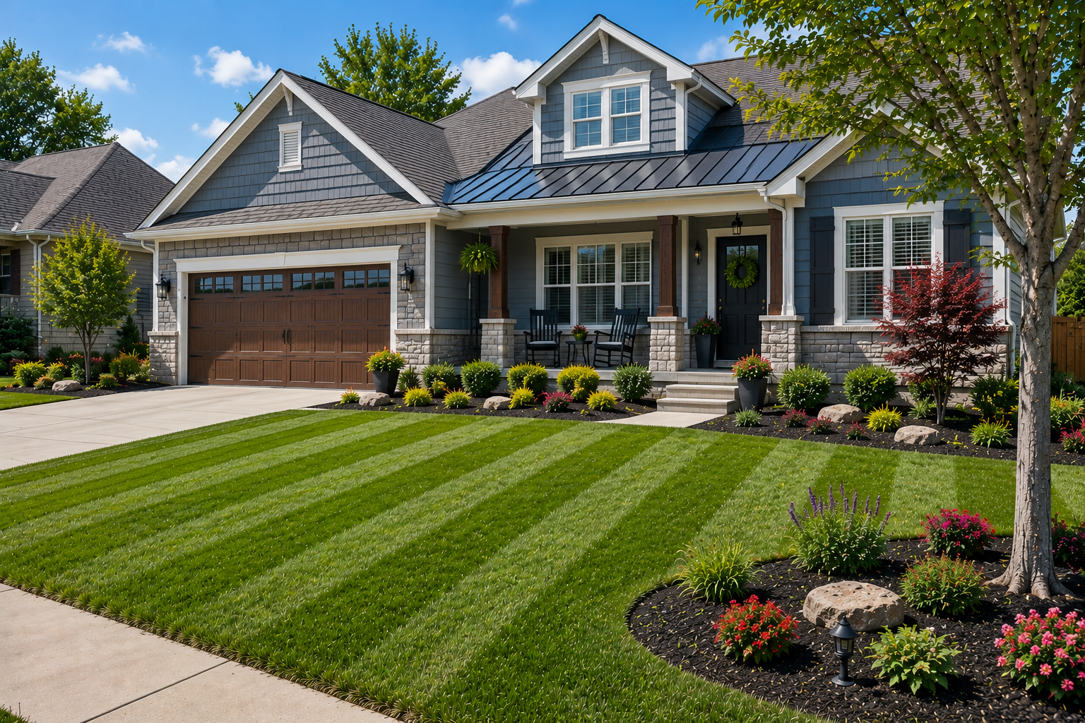 Liberty MO Landscaping Services Landscaping services for a residential front yard with lawn stripes in Liberty, MO by Mountain Landscaping