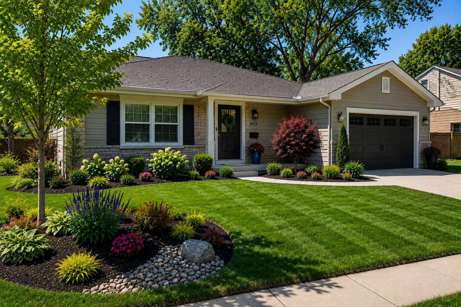 Landscaping services for a ranch-style residential front yard in Merriam, KS by Mountain Landscaping
