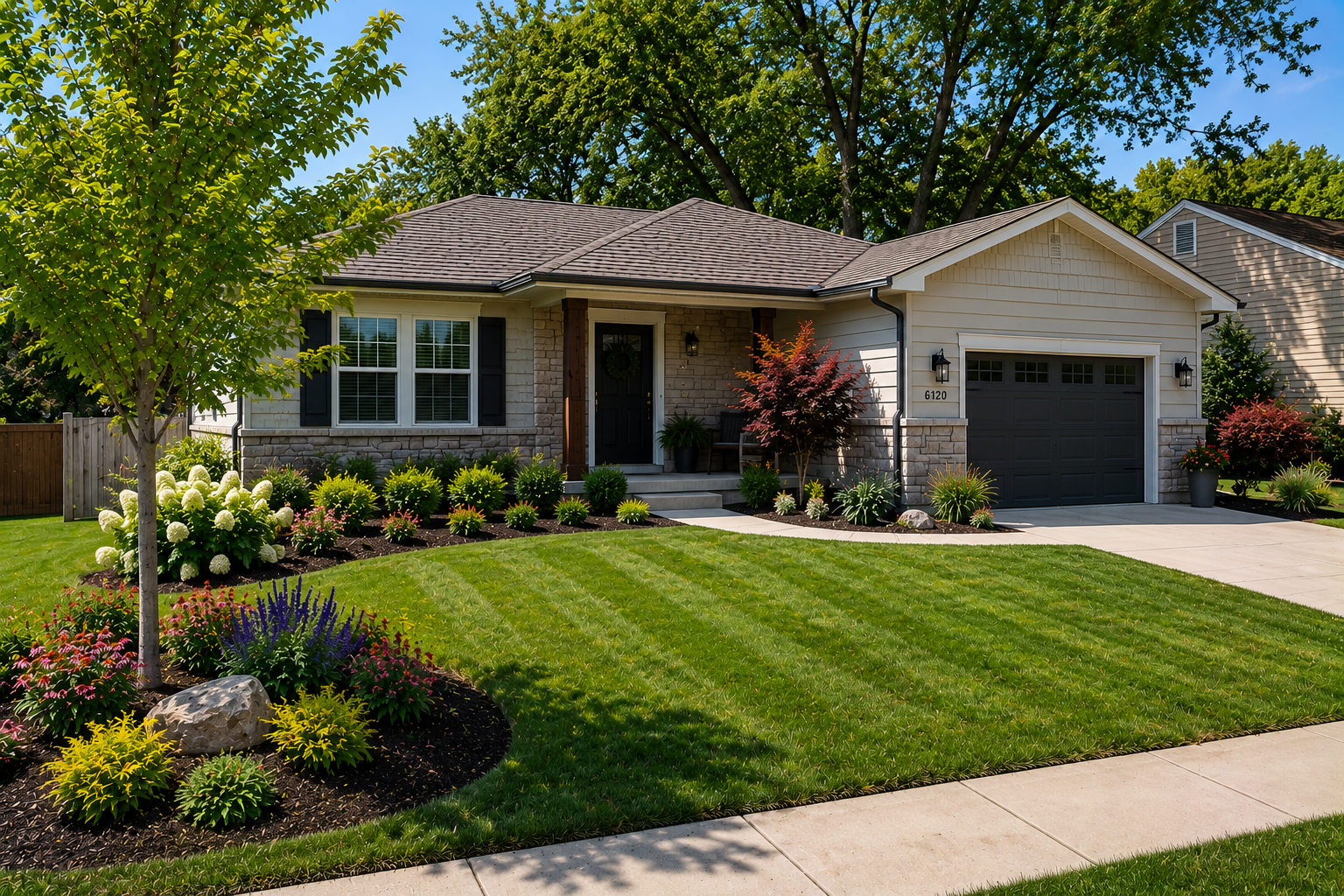 Landscaping services for a ranch-style residential front yard in Mission, KS by Mountain Landscaping