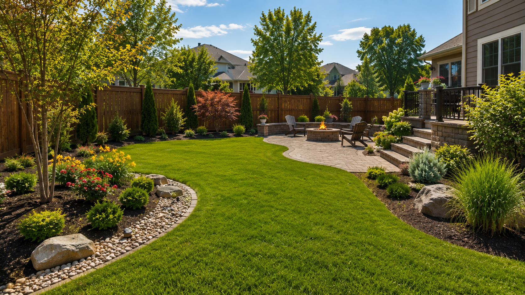 Landscaping services for a spacious residential backyard in Olathe, KS by Mountain Landscaping