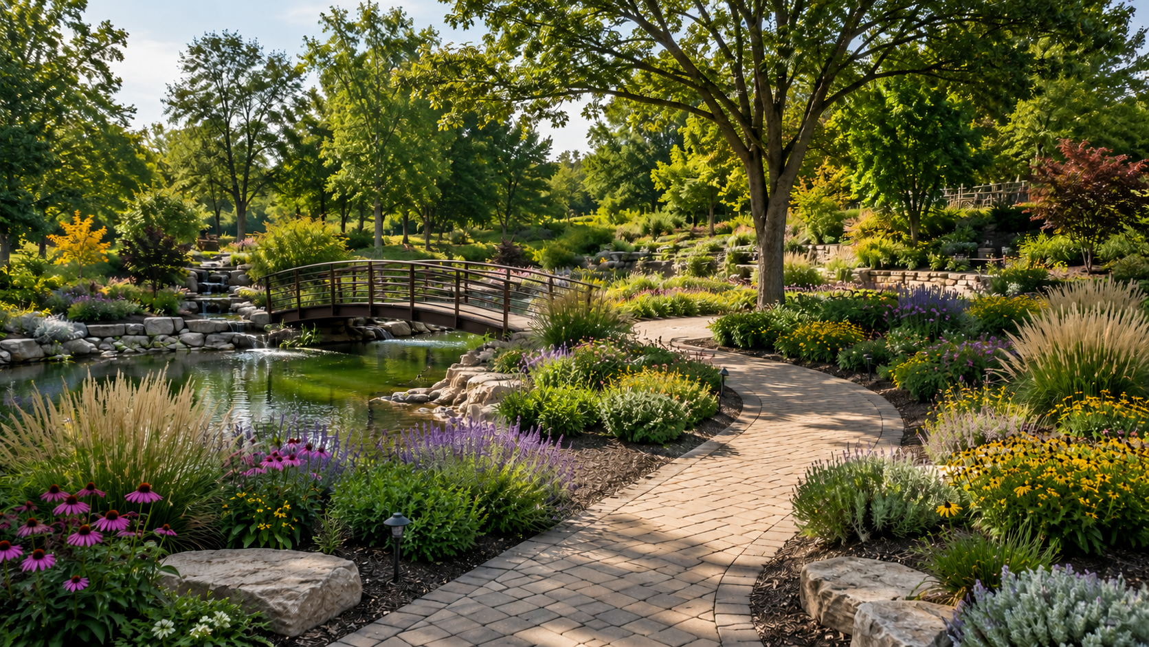 Well-maintained backyard lawn with fence line landscape bed, evergreen shrubs, decorative rock, and clean grass in Leawood Kansas