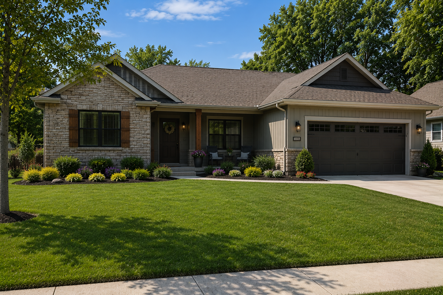 Landscaping services for a ranch-style residential front yard in Parkville, MO by Mountain Landscaping