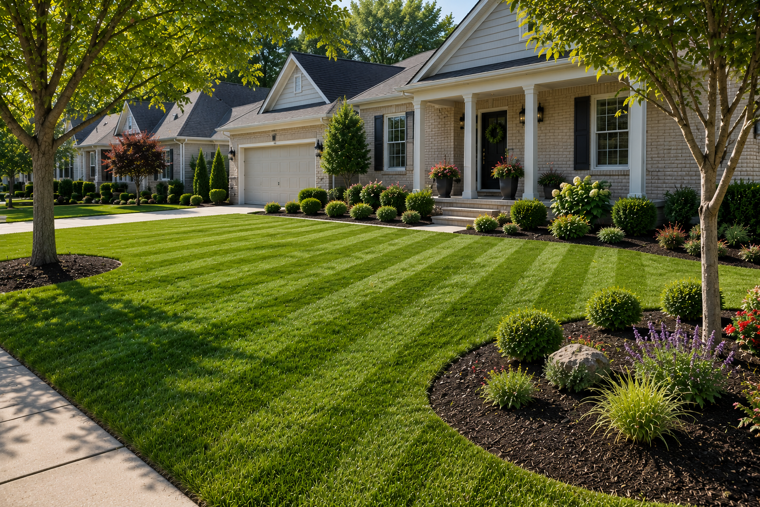 Landscaping services for a residential front yard with lawn stripes in Prairie Village, KS by Mountain Landscaping