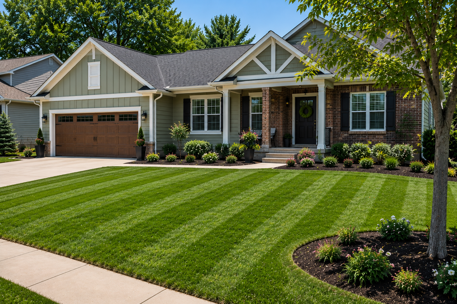 Raytown MO Landscaping Services Landscaping services for a residential front yard with lawn stripes in Raytown, MO by Mountain Landscaping