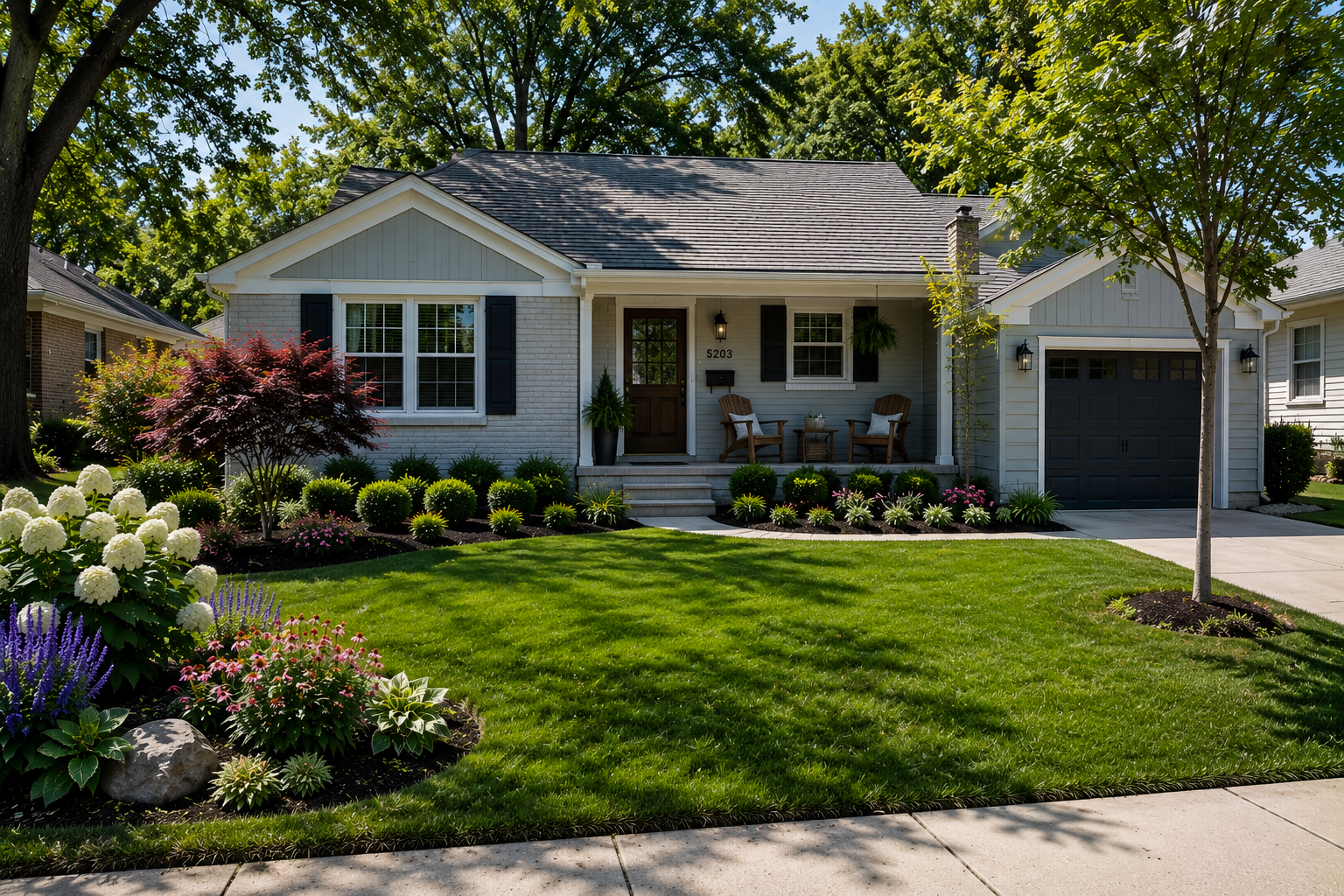Landscaping services for a cottage-style residential front yard in Roeland Park, KS by Mountain Landscaping