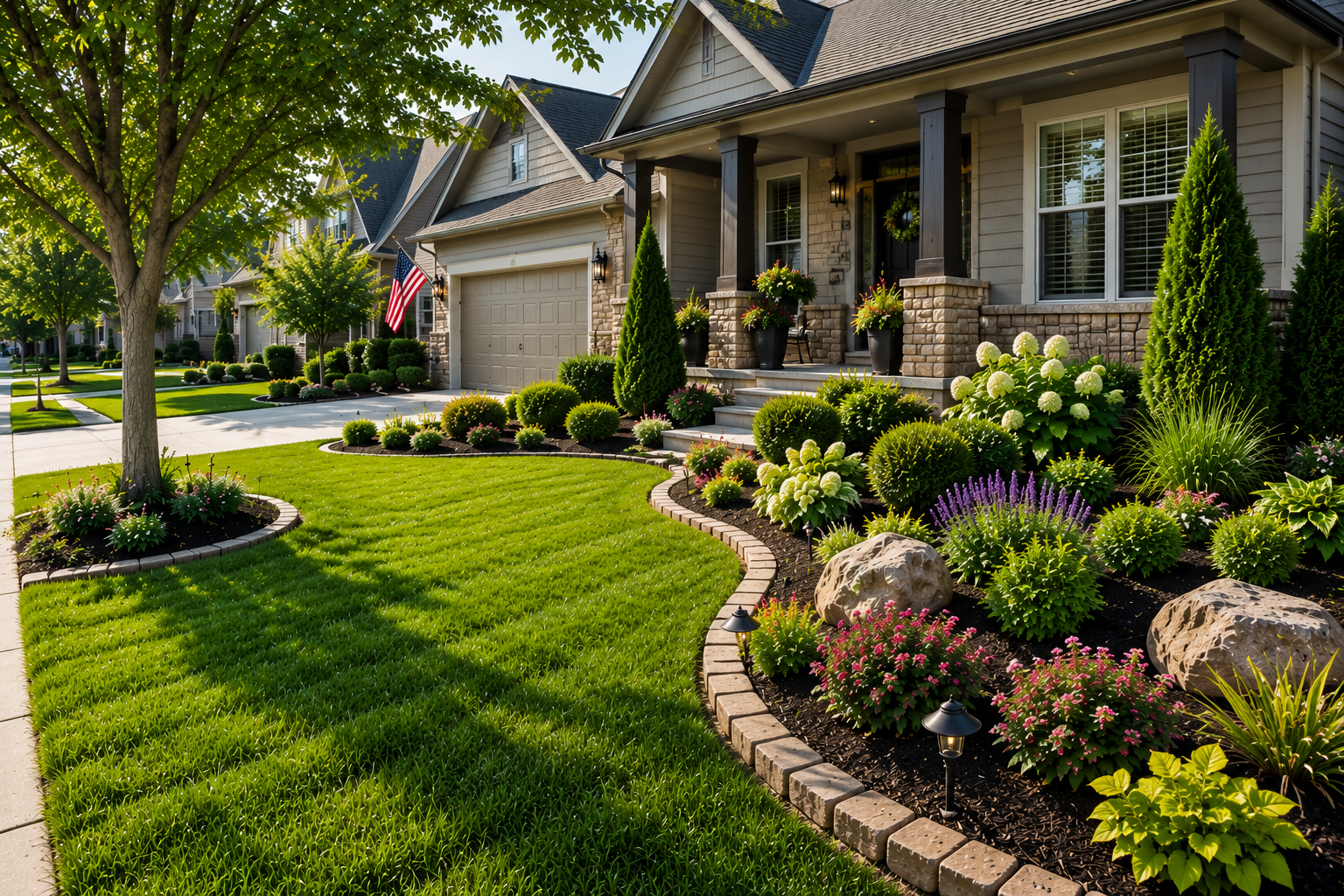 Landscaping services for a residential front yard in Shawnee, KS by Mountain Landscaping