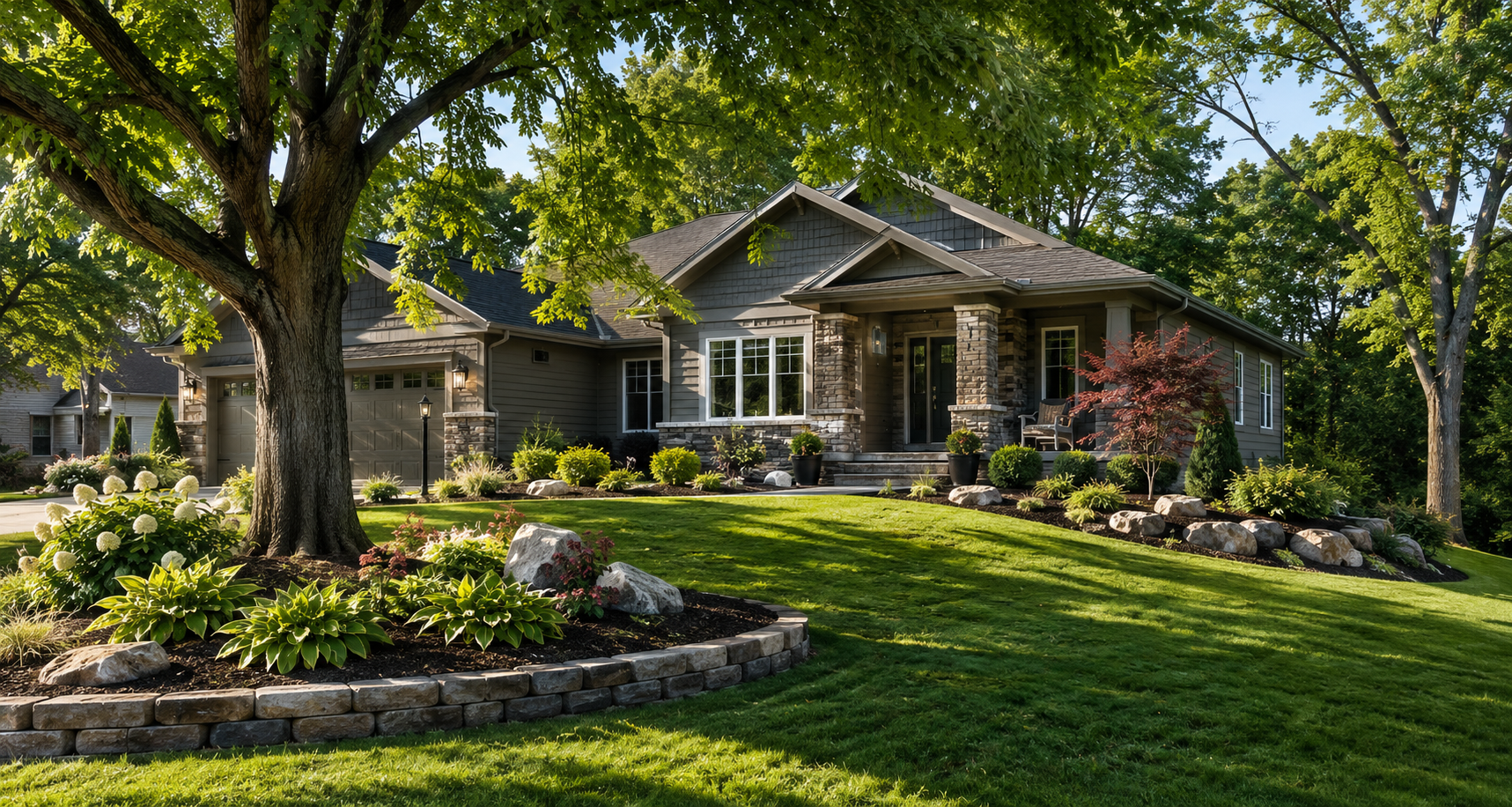 Landscaped Gladstone Missouri home with mature shade trees, stone beds and gently sloped lawn