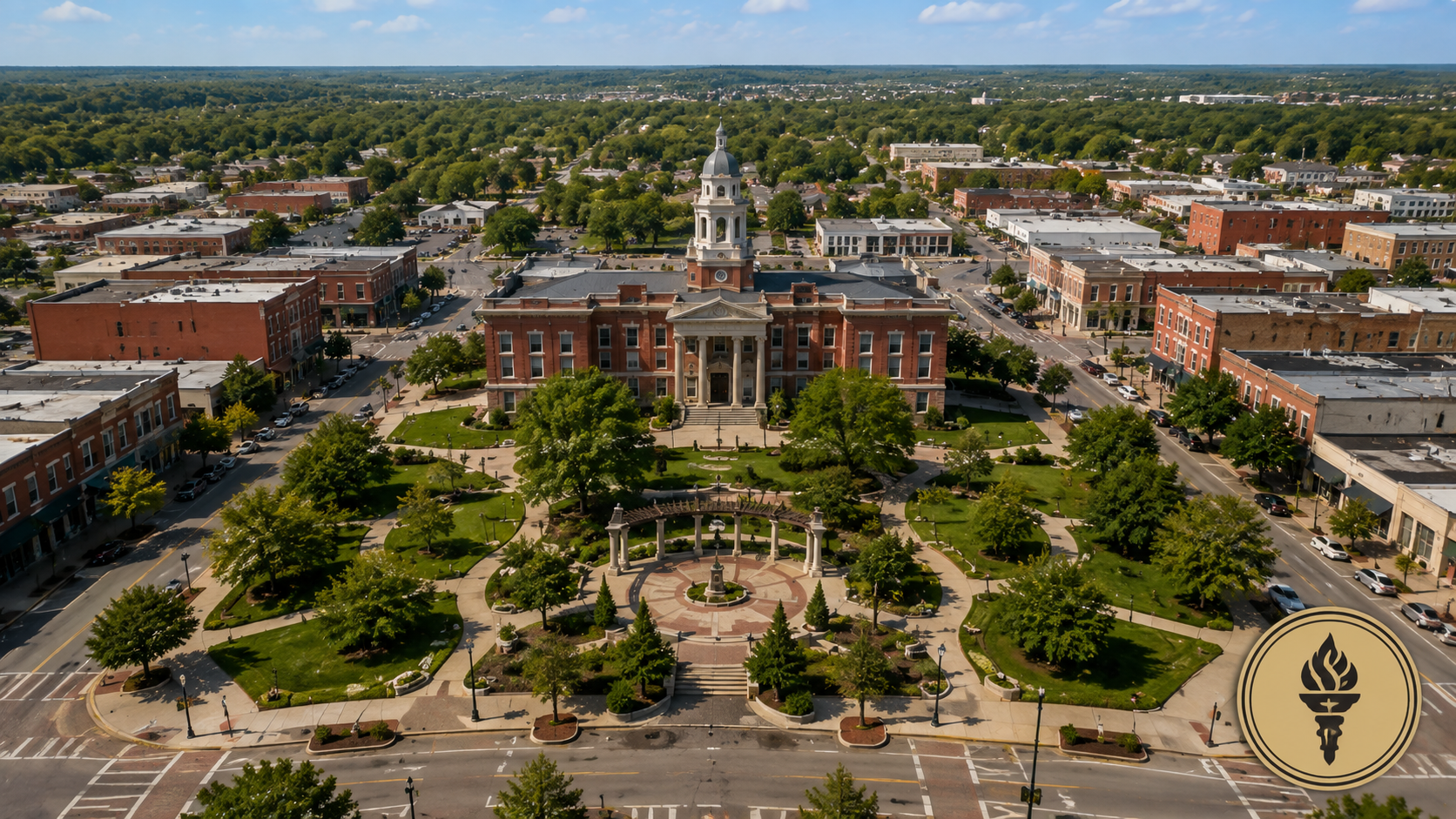 Aerial view of a historic Independence Missouri plaza with landscaped grounds, civic architecture, surrounding downtown buildings, and a torch seal