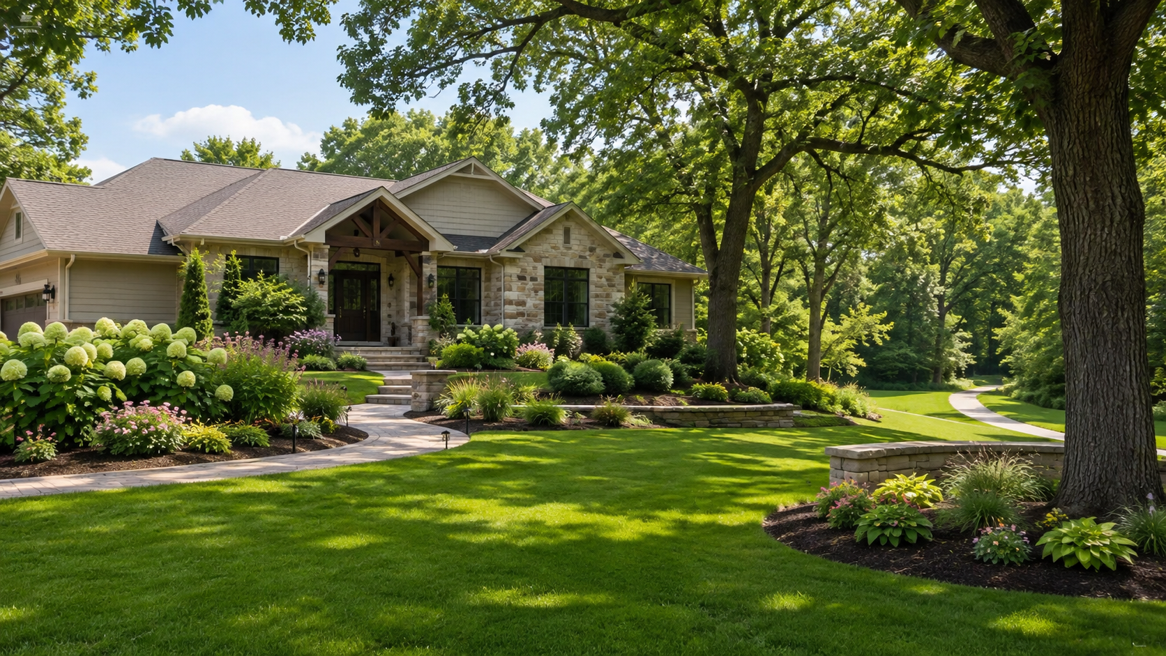 Upscale Leawood Kansas home with mature trees, landscaped planting beds, stone walkway, and spacious green lawn