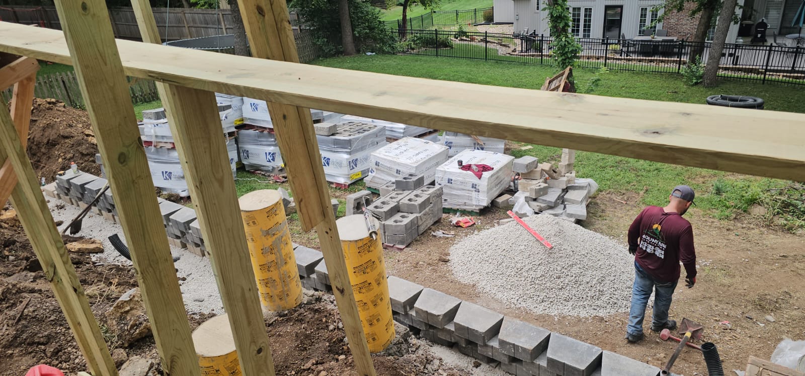 Mountain Landscaping crew installing a retaining wall and preparing a hardscaping project